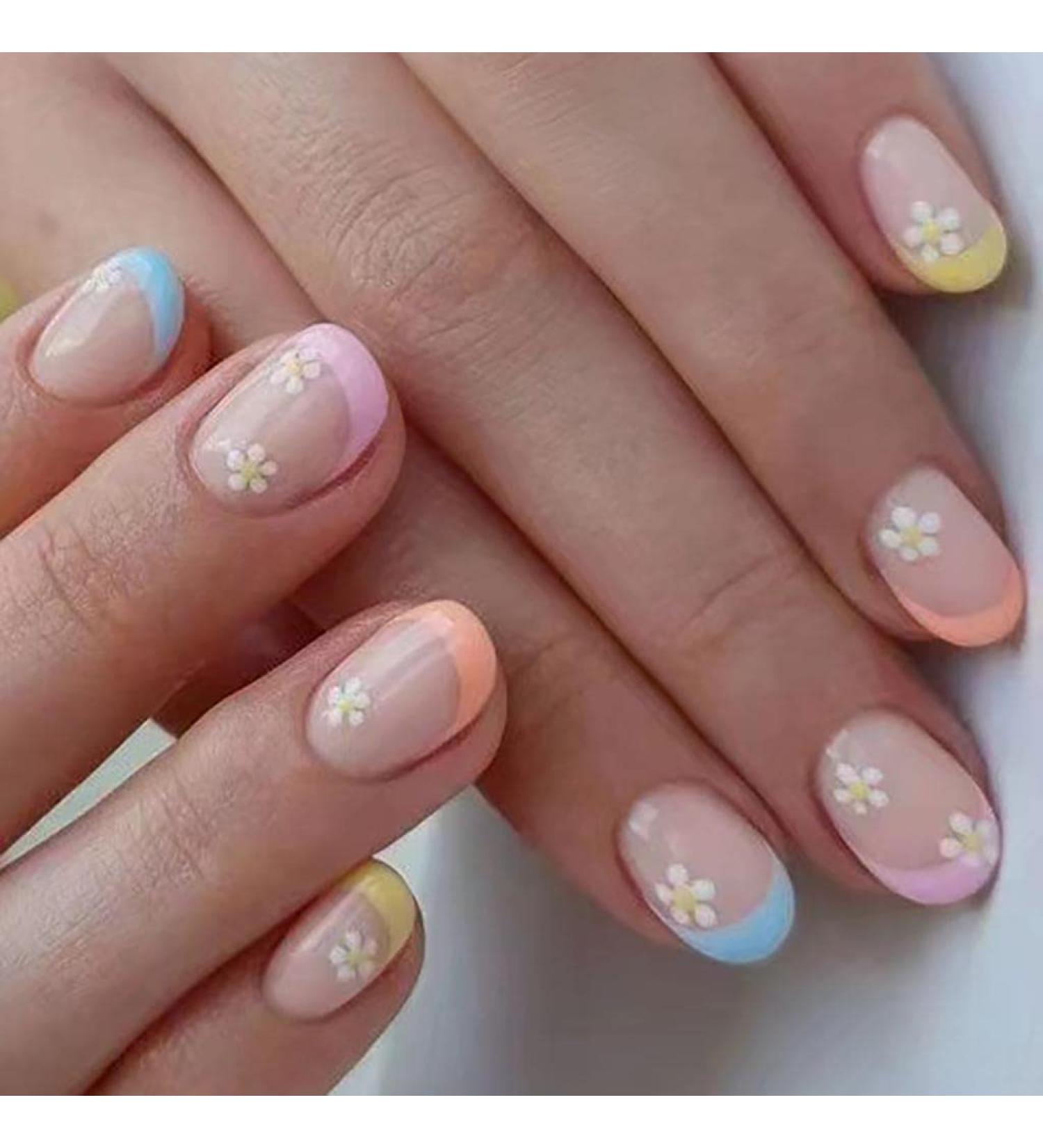 RikView French Tip Short Fake Nails with Flowers Design - Colorful Square Acrylic Press On Nails - Buy Online on SooperMarket.com