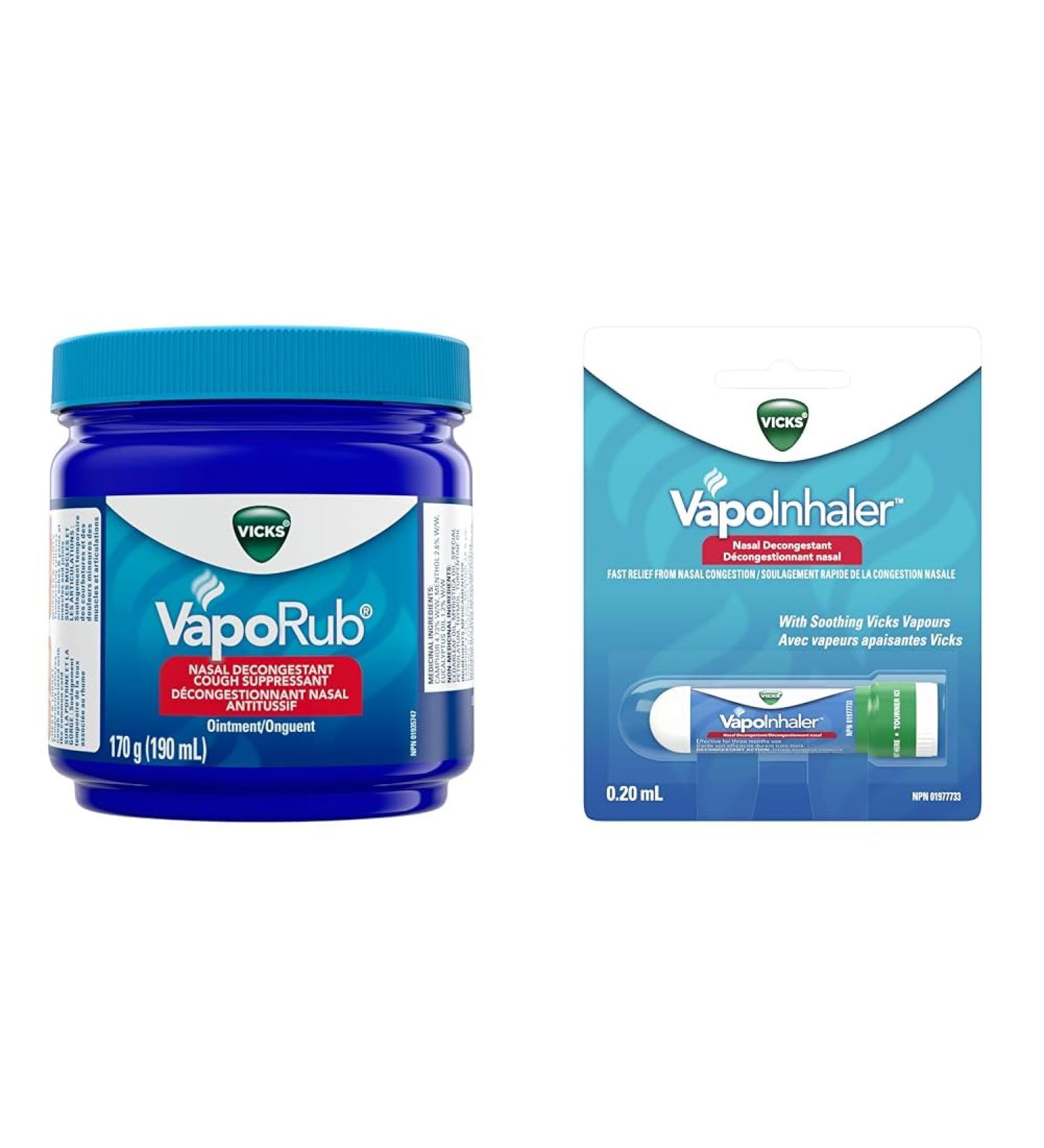 Vicks VapoRub Nasal Decongestant Cough Suppressant Relief from Cold Aches & Pains & Vapoinhaler Nasal Decongestant with Soothing Vapors for Temporary Relief due to a Cold 190 ml (Pack of 1) Original+ VapoInhaler - Buy Online on SooperMarket.com