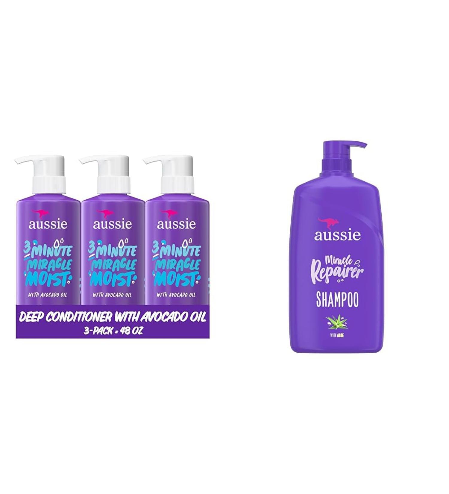 Aussie Deep Conditioner for Dry Hair with Avocado and Jojoba Oil 3 Minute Miracle Moist Paraben Free Triple Pack (1 475 mL Total) & MIRACLE REPAIR SHAMPOO WITH ALOE 778 ML - Buy Online on SooperMarket.com