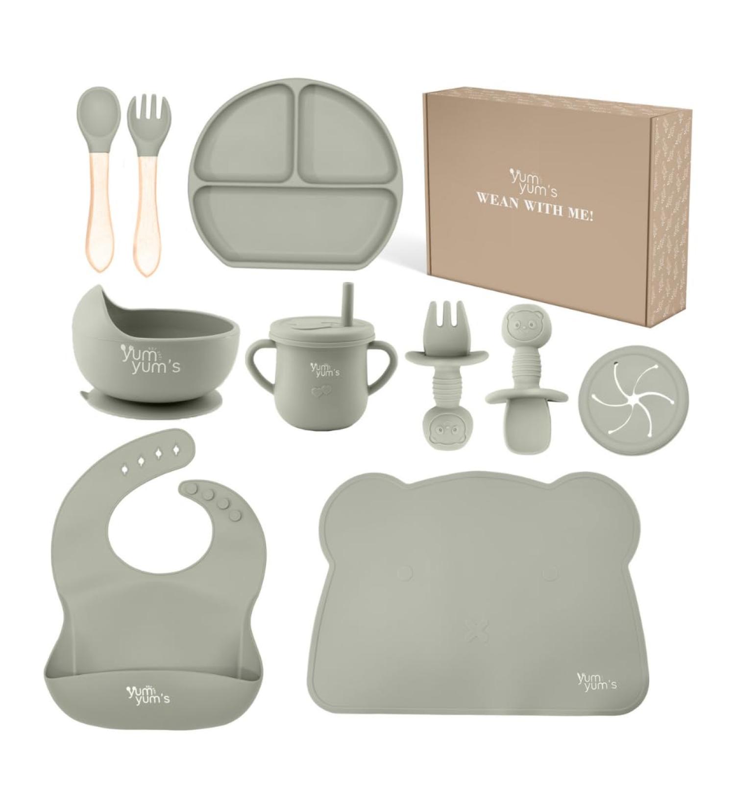 Yum Yum's Baby Weaning Set - 10pc Silicone Feeding Set with Suction Bowl, Spoon, Fork & Cup | Baby Gifts & Presents - Buy Online on SooperMarket.com