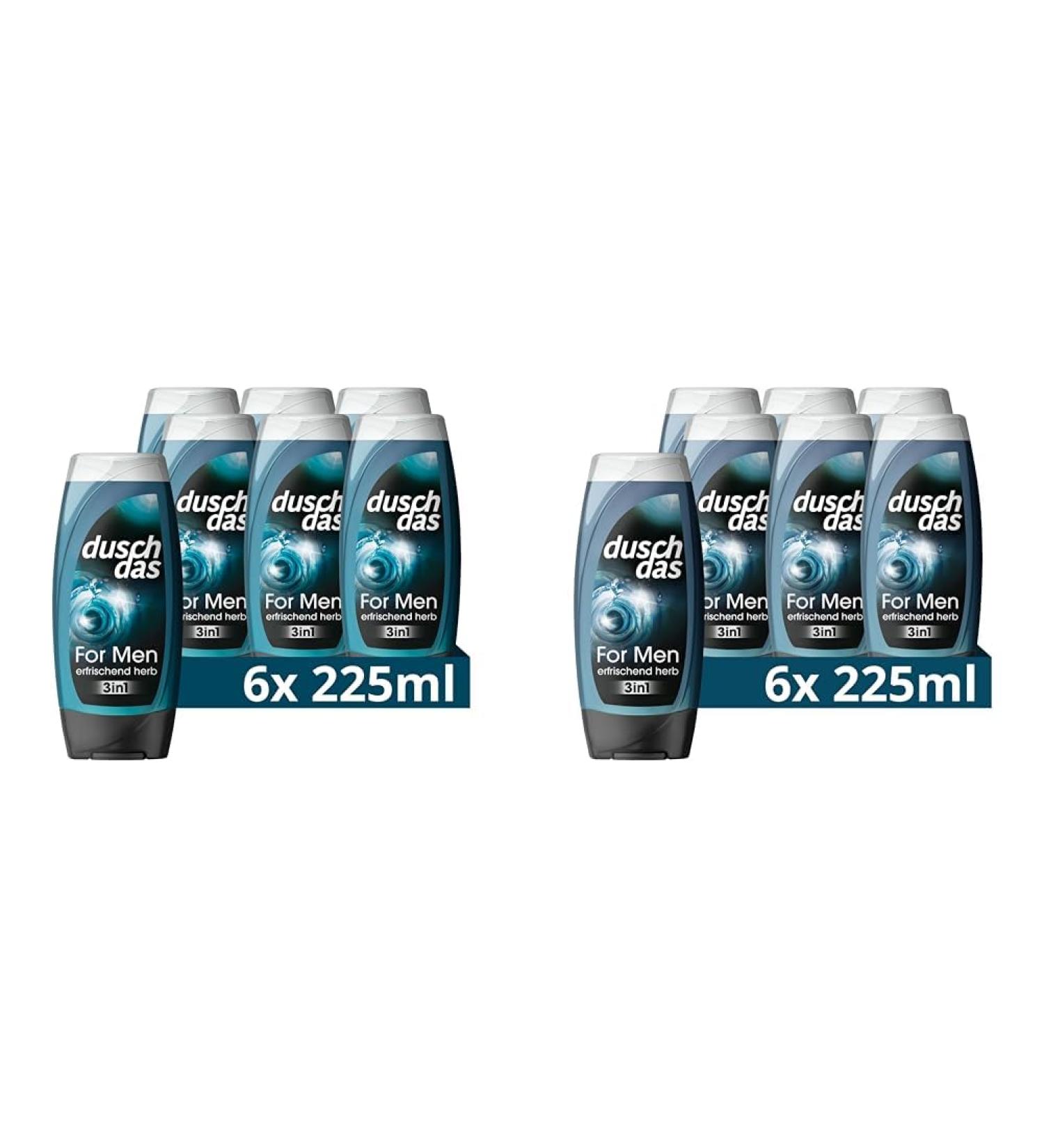 Duschdas 3-in-1 shower gel & shampoo for men shower bath with Fresh-Energy fragrance formula ensures a refreshing start in the day 6 x 225 ml (pack with 2) 225 ml (12 pack)
