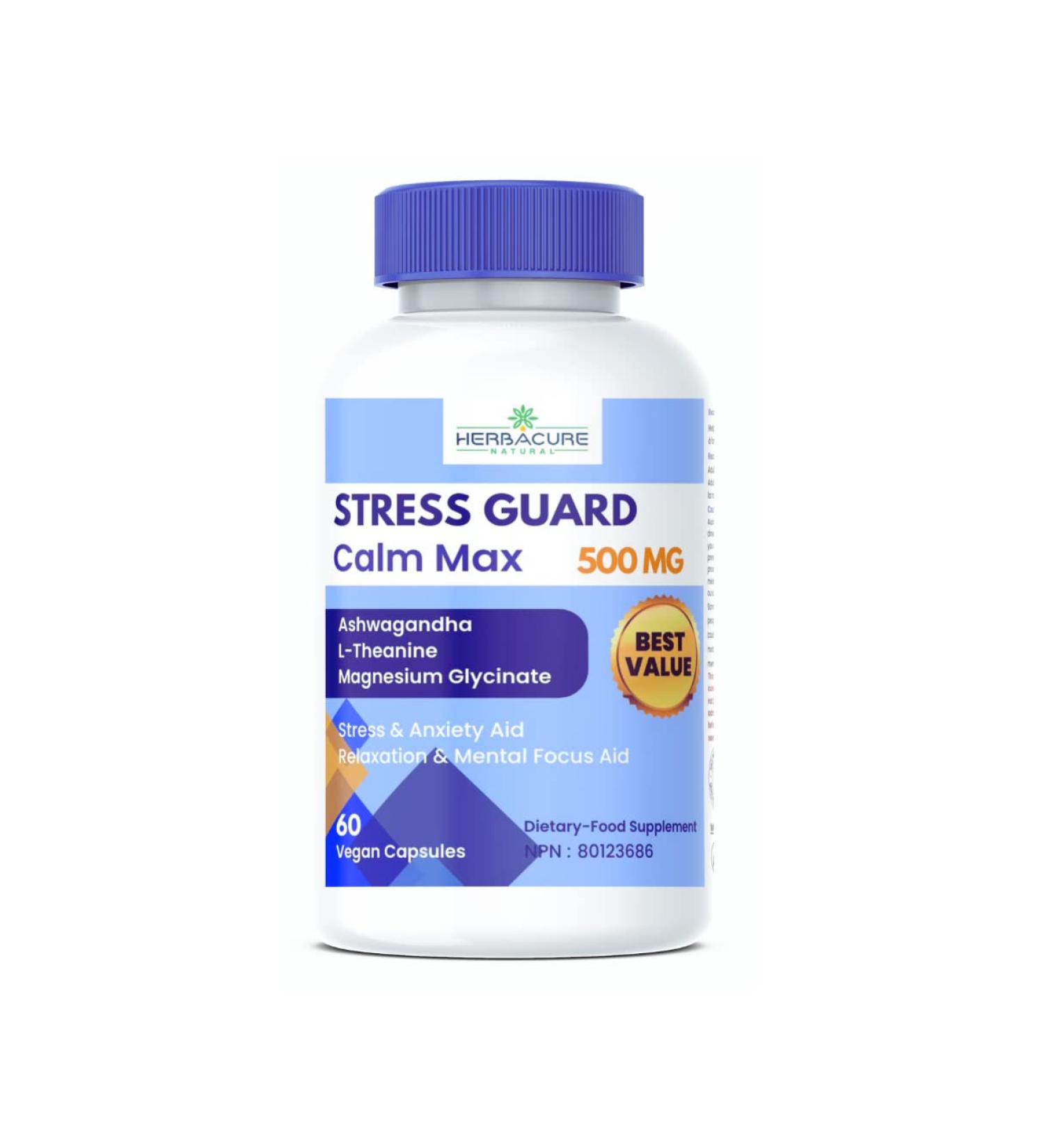 STRESS GUARD CALM MAX 3 IN 1 ASHWAGANDHA L-THEANINE MAGNESIUM GLYCINATE stress relief supplements NATURAL Made in CANADA NEW! - Buy Online on SooperMarket.com