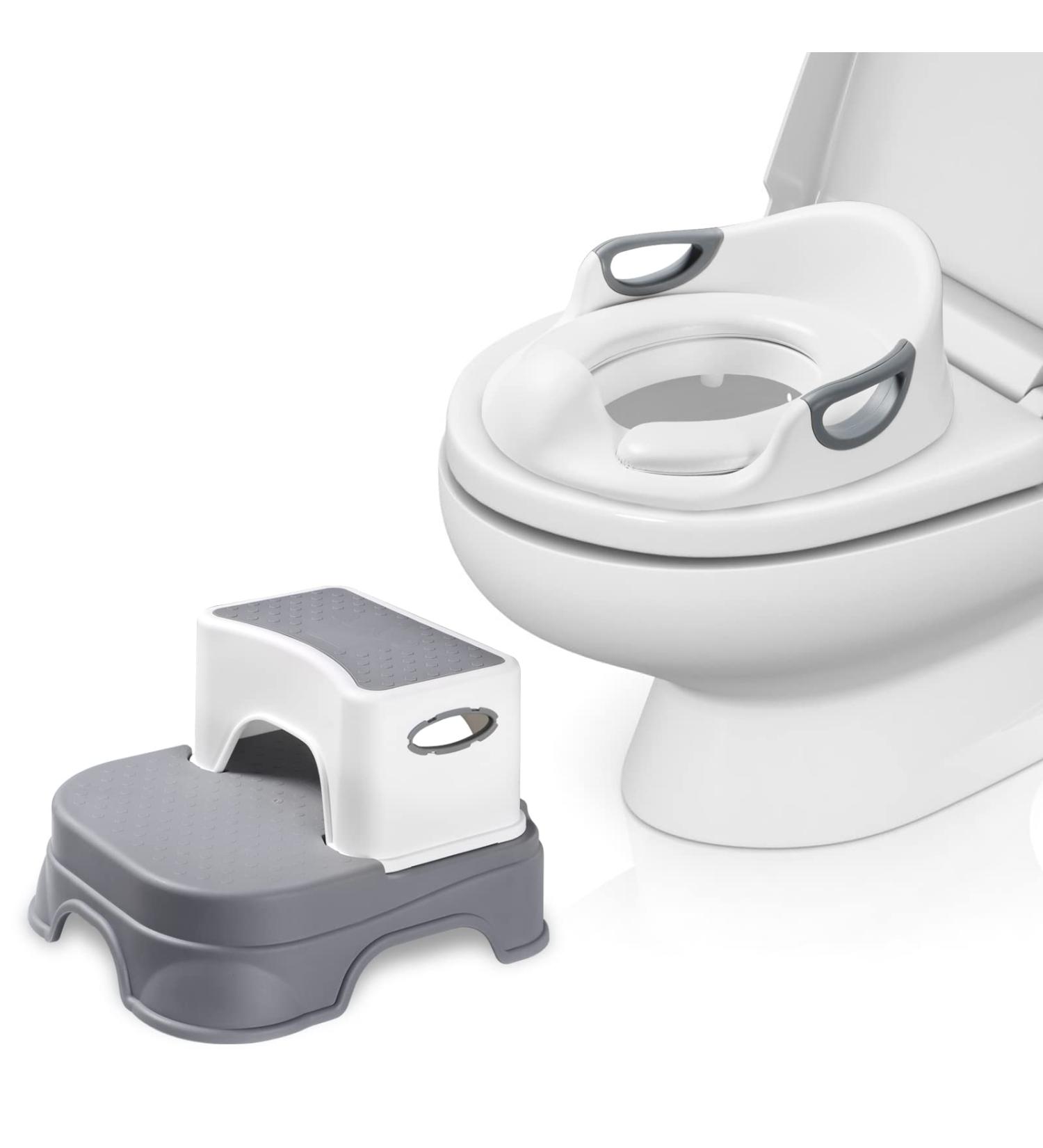 Potty Training Seat with Step Stool Ladder for Kids | Safe Toilet Seat for Boys & Girls | 2-in-1 Design with Splash Guard | Includes 2 Cushions, Cleaning Brush, and Hook | Gray - Buy Online on SooperMarket.com