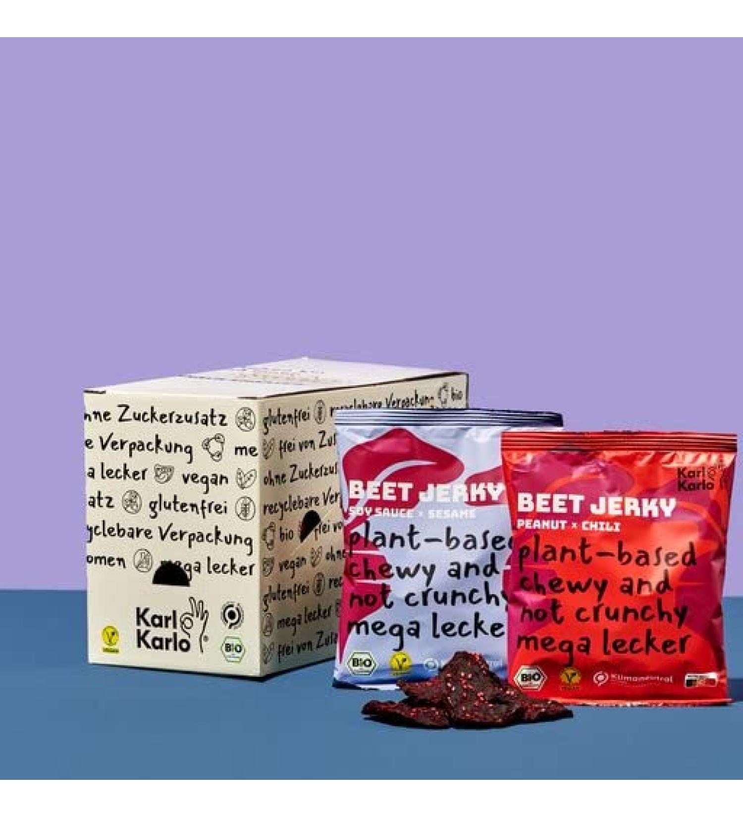 Karl Karlo Vegan Beet Jerky - Natural Plant-Based Snack | Peanut-Chilli & Soya Sesame | Made in Europe | 8 Pack of 40 Pieces - Buy Online on SooperMarket.com