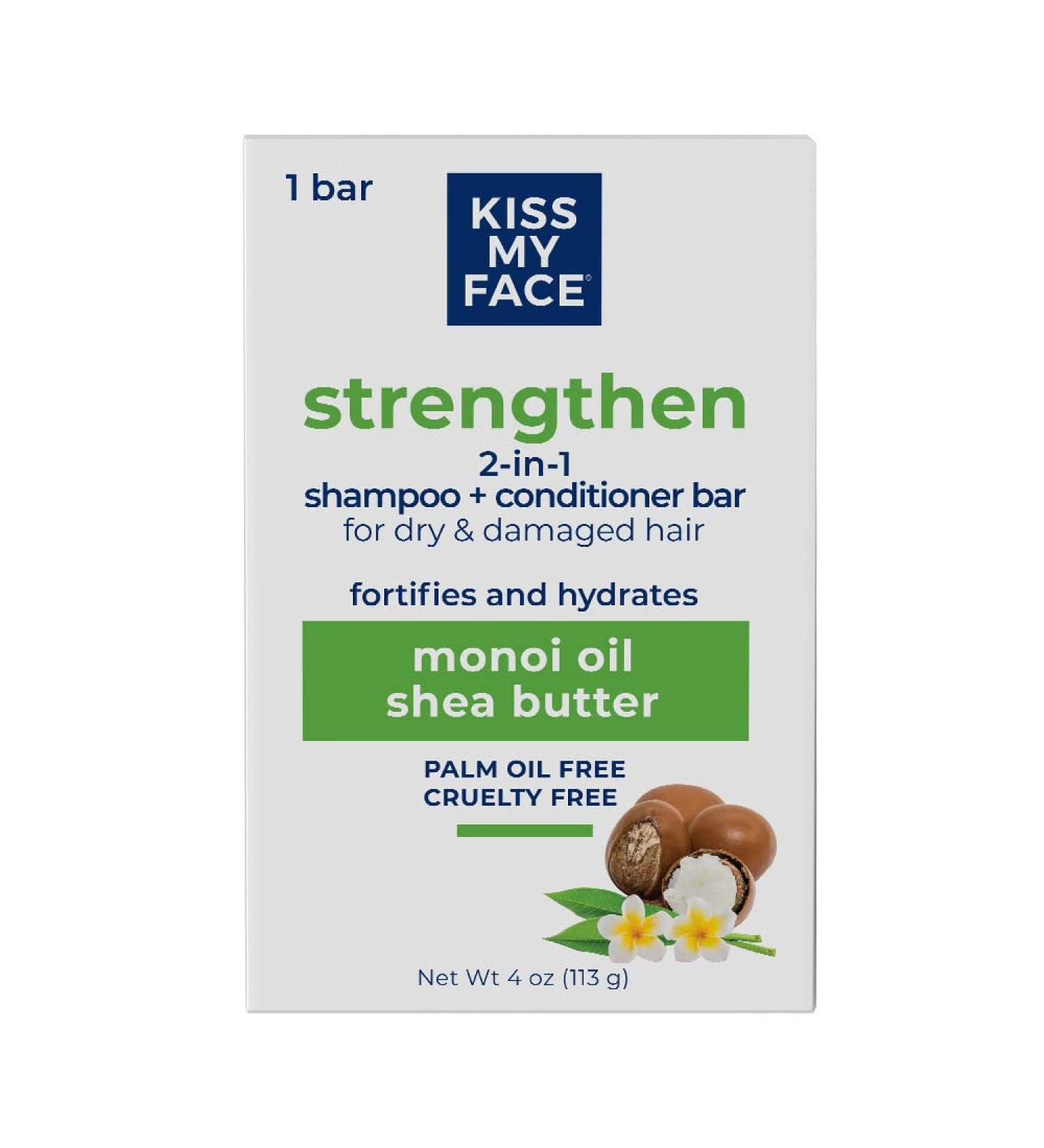 Kiss My Face 2-in-1 Shampoo & Conditioner Bar | Palm Oil-Free Cruelty-Free Monoi Oil & Shea Butter | Ideal for All Hair Types - Strengthen Dry & Damaged Hair - Buy Online on SooperMarket.com