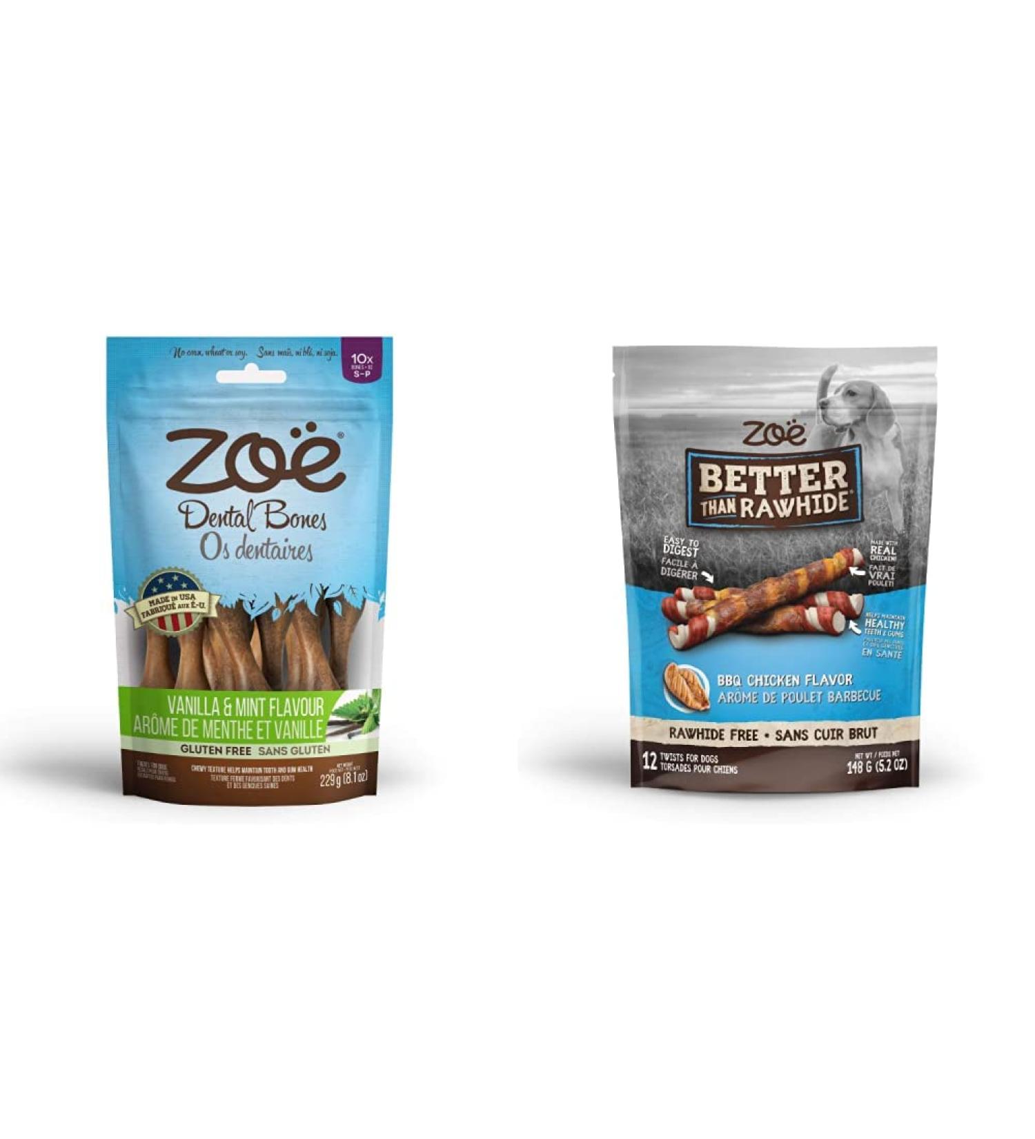 Zo Dental Bones - Vanilla and Mint Flavour - Small + Zoe Better Than Rawhide Twists for Dogs BBQ Chicken Flavor 12 Pack