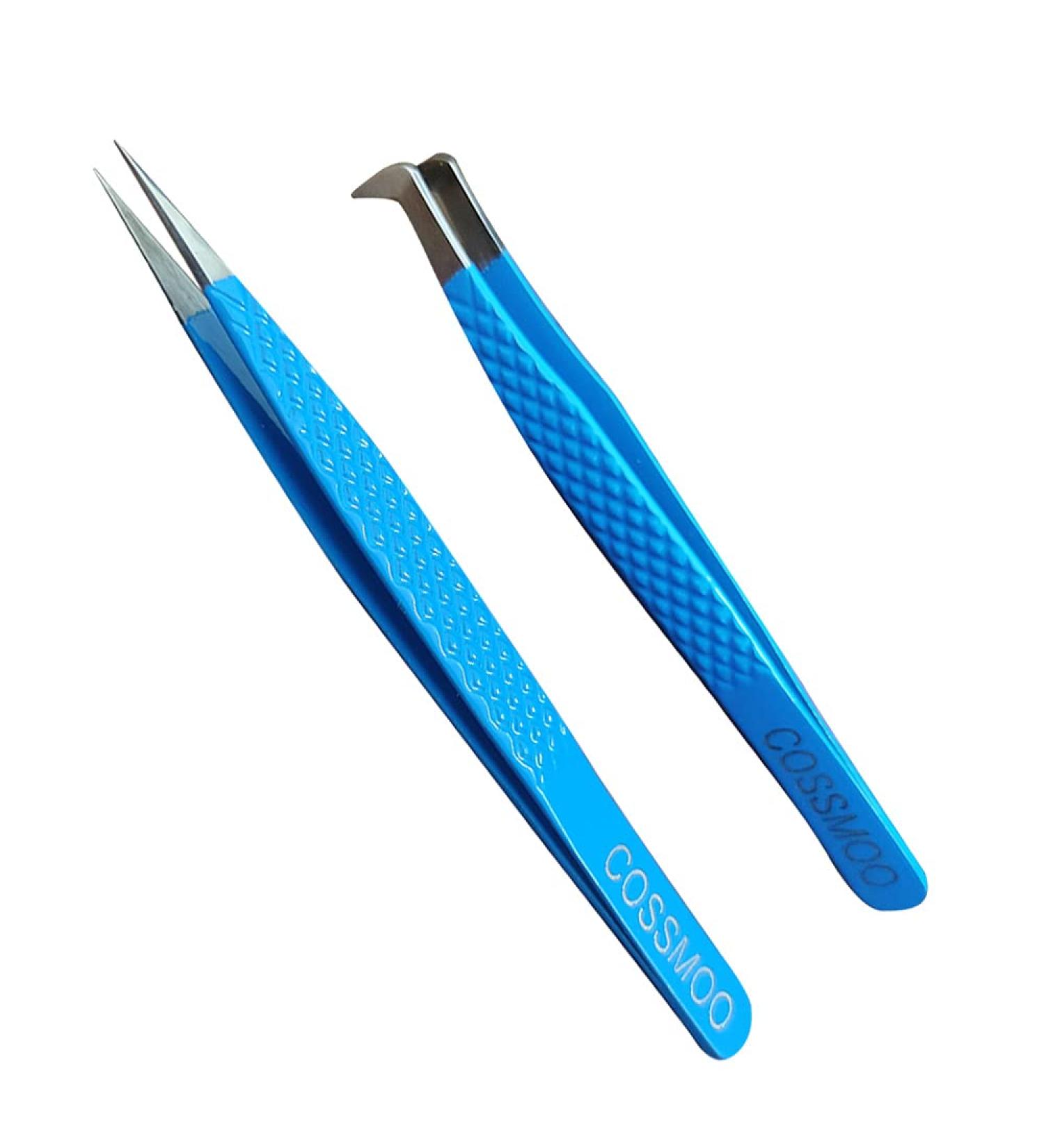 2 Pieces Diamond Grip Eyelash Tweezers Professional Set- COSSMOO Straight And Angled Curved L-Shape Volume Tweezers For Lashes Extension Pointed Individual Application Tweezers For False Lash - Buy Online on SooperMarket.com