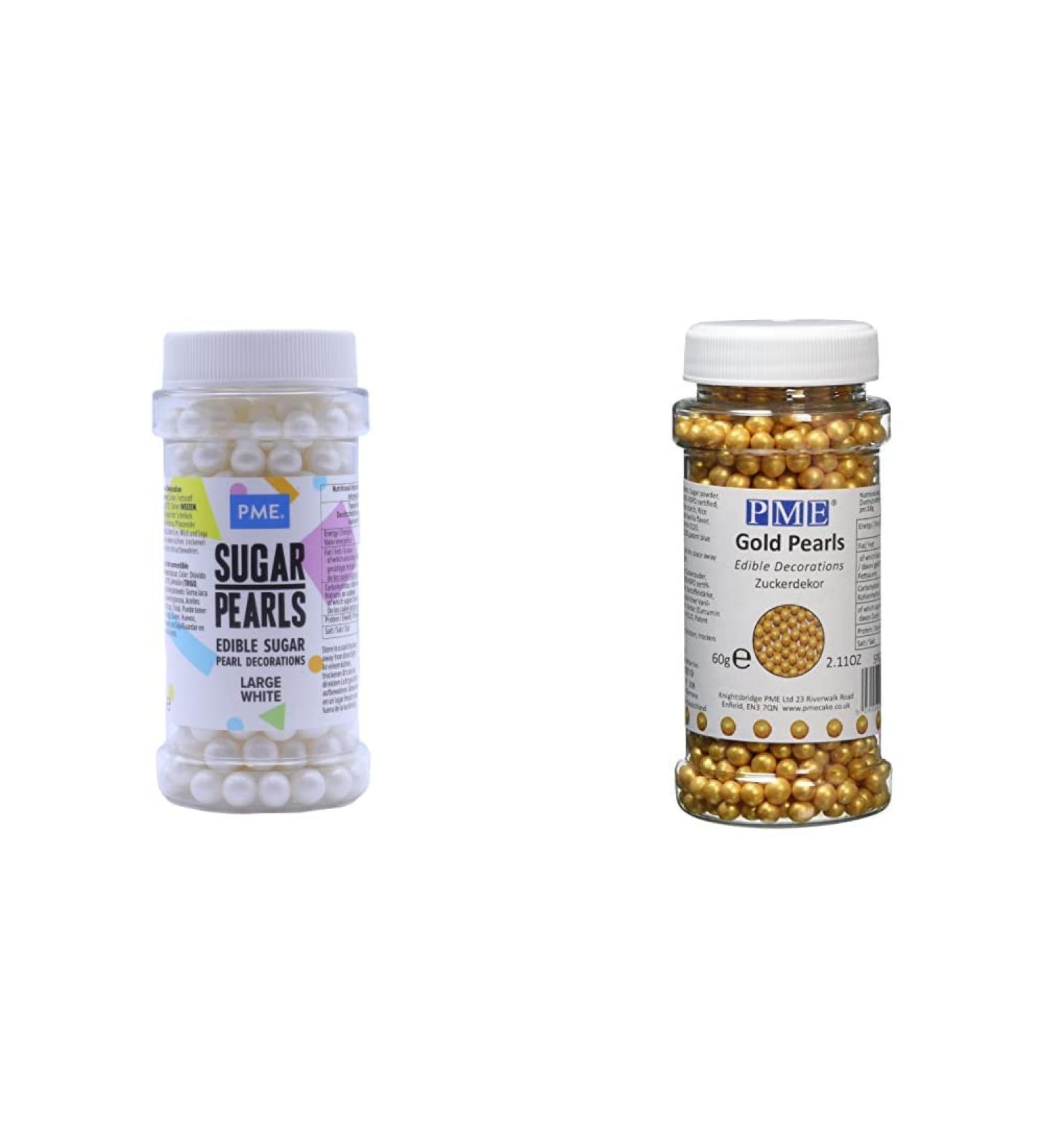 PME Large Sugar Pearls White 90 g & Sugar Pearls Gold 4 mm 60 g 90 g + Sugar Pearls Gold 4 mm 60 g - Buy Online on SooperMarket.com