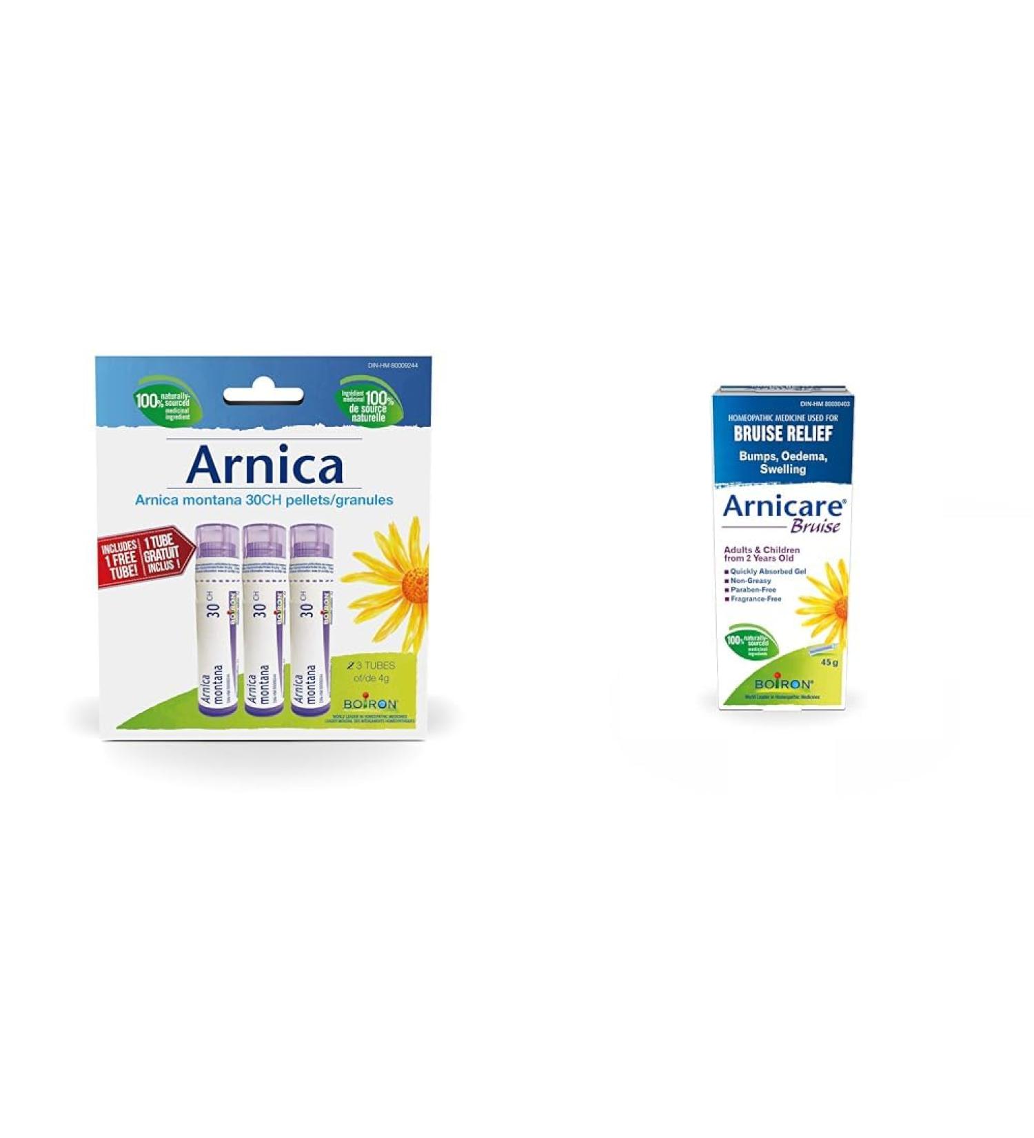 Arnica Montana 30ch Pack of 3 tubes Boiron Homeopathic Medicine Multi Dose Tube & Arnicare Bruise Swelling Bumps and Oedema Natural Sourced 45 Gram - Buy Online on SooperMarket.com