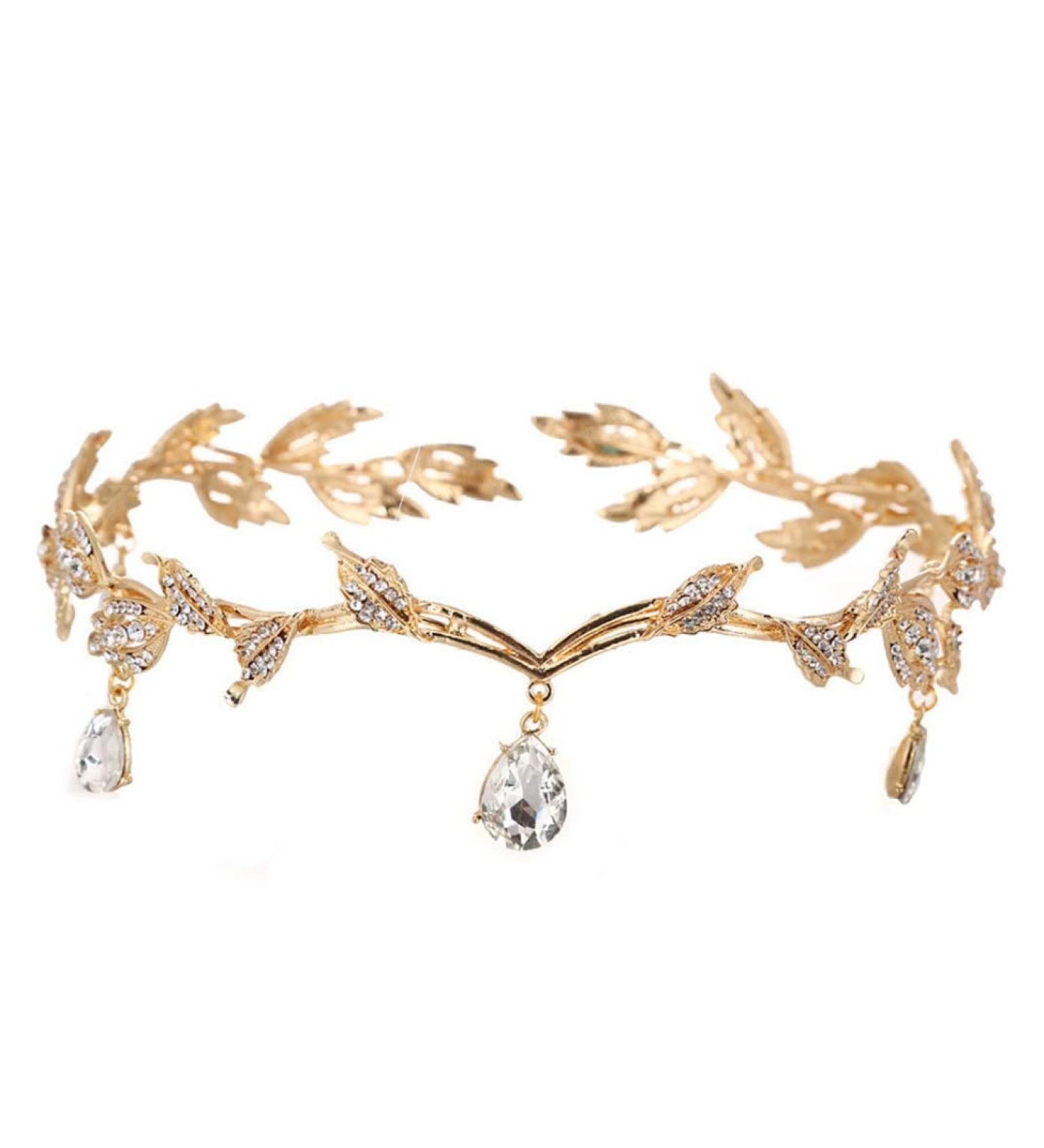 Rhinestone Leaf Headband Golden Wedding Head Chain with Teardrop Crystal Leaf Hair Vine - Buy Online on SooperMarket.com
