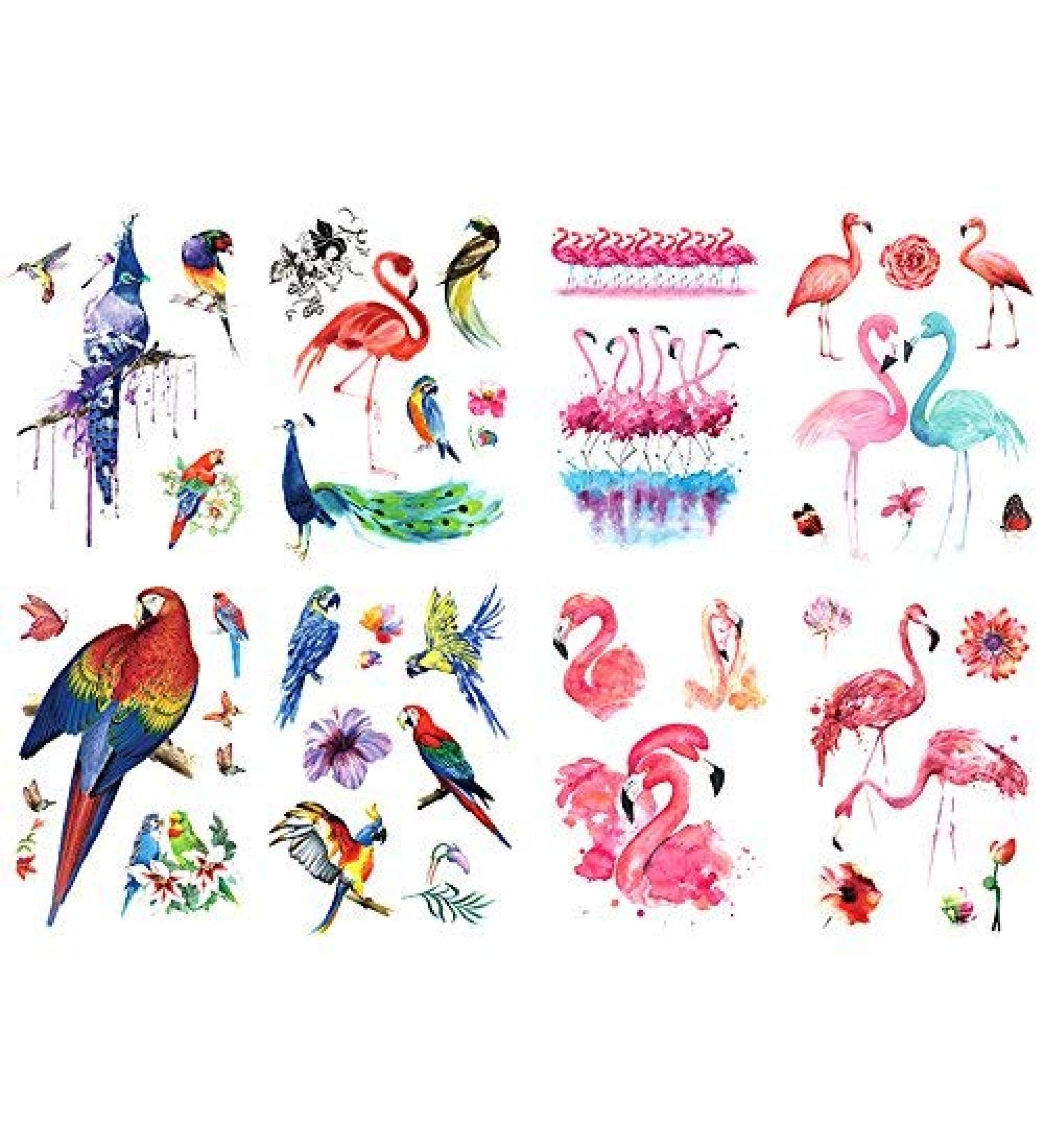 Oottati 8 Sheets Temporary Tattoo Stickers  Waterproof Arm Leg  Parrot Bird Peacock Macaw Pink Flamingo Butterfly Flower for Women