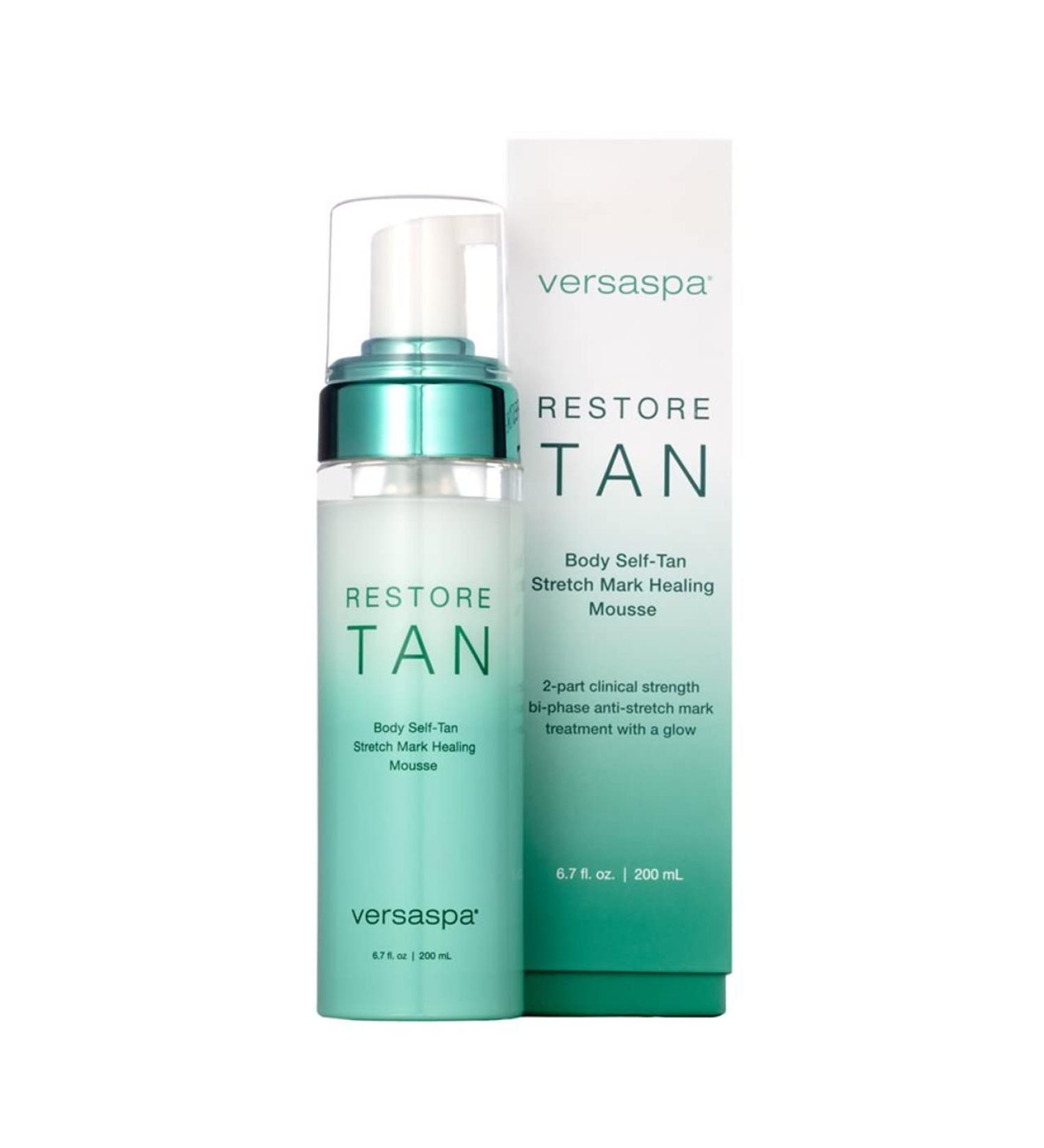 VersaSpa RestoreTan Body Self Tanning Mousse  Stretch Mark Healing Self Tanner Foam  6.7 Fl. Oz. - Gradual  Odor-Free Self Tan Body Bronzer with Shea Butter  Regestril  Retinol  and Natural DHA