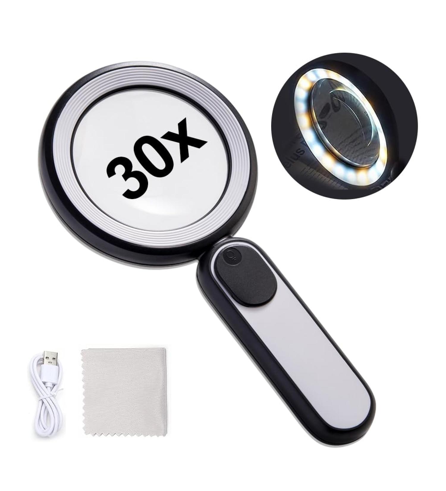 Udbrud Magnifying Glass with Light 30X Handheld Large Magnifying Glass with 3 Modes 21 LED Illuminated Lighted Magnifier USB for Macular Degeneration Seniors Reading Inspection Coins Jewelry Map - Buy Online on SooperMarket.com