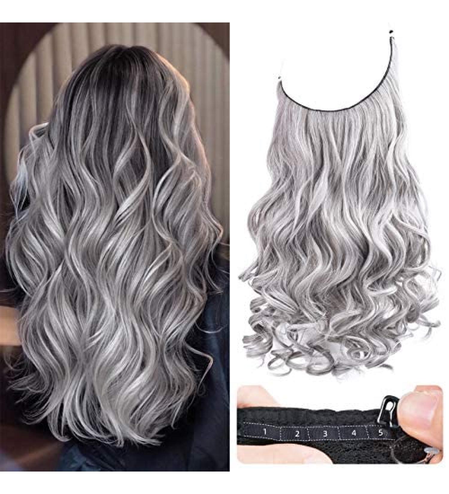 REECHO Invisible Wire Hair Extensions 20 Inch - Grey/Brown/Silver/White Mixed (Pack of 1) | Curly Wavy Secret Hairpiece with Adjustable Transparent Headband and Secure Clips for Women - Buy Online on SooperMarket.com