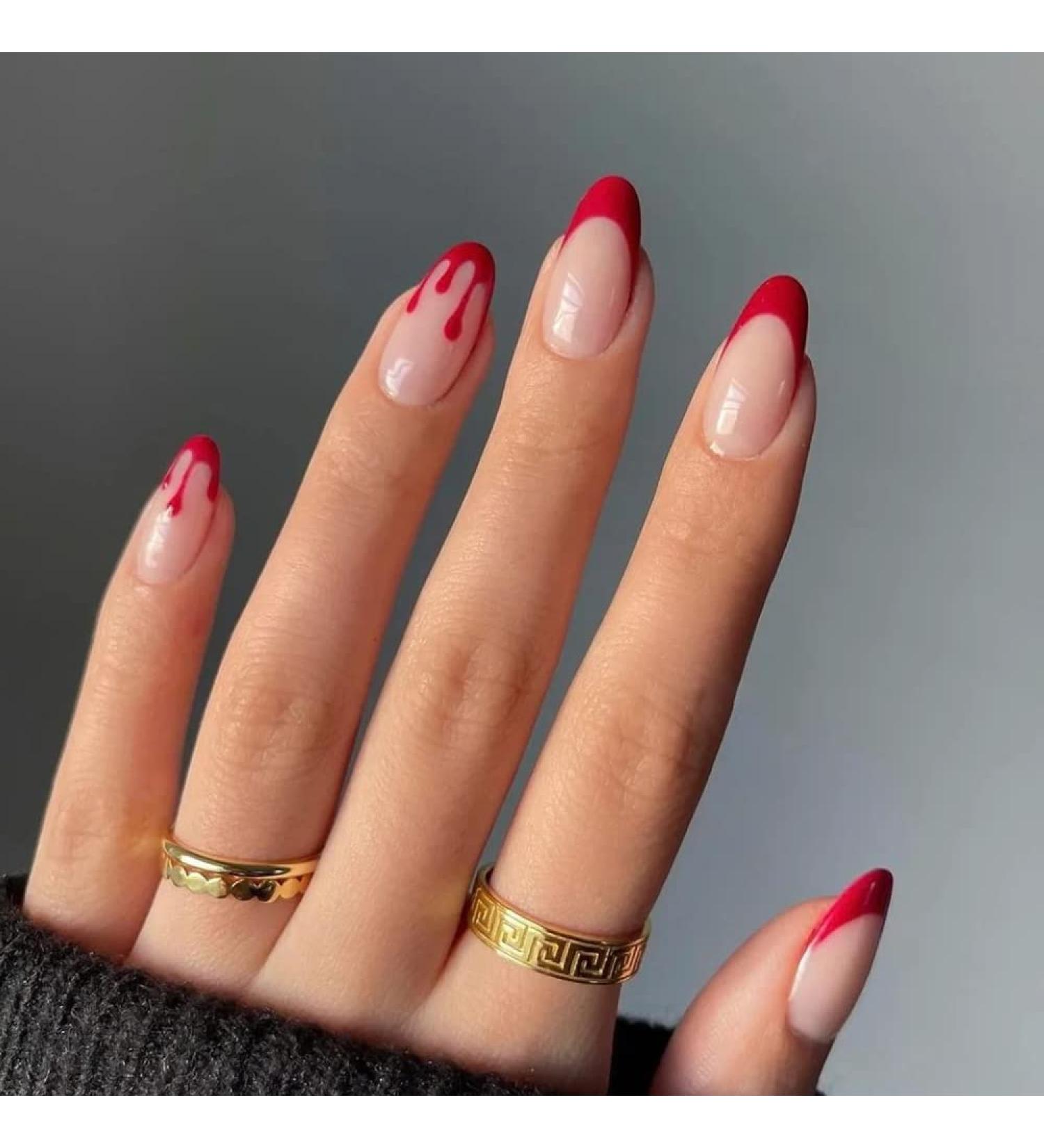 Shop Halloween Press on Nails - Medium Length Horror Bloody Fake Nails | Red French Tips Coffin Full Cover with Glue | 24Pcs for Halloween Party - Buy Online on SooperMarket.com