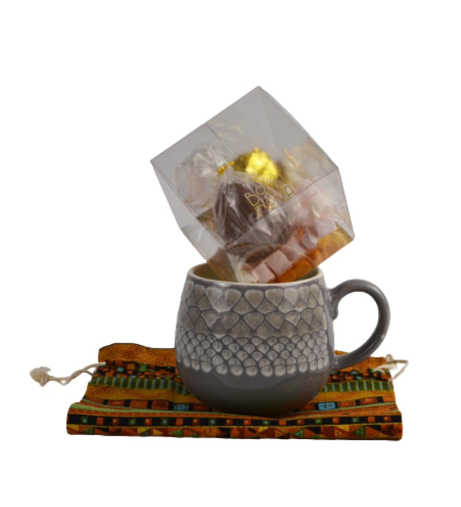 Bossa Nova Luxury Chocolate Bomb Gift Set Bundle Hot Chocolate with Marshmallows gift-wrapped in a textile bag with Mason Cash Impressions stoneware cosy mug With Mustard textile bag - Buy Online on SooperMarket.com