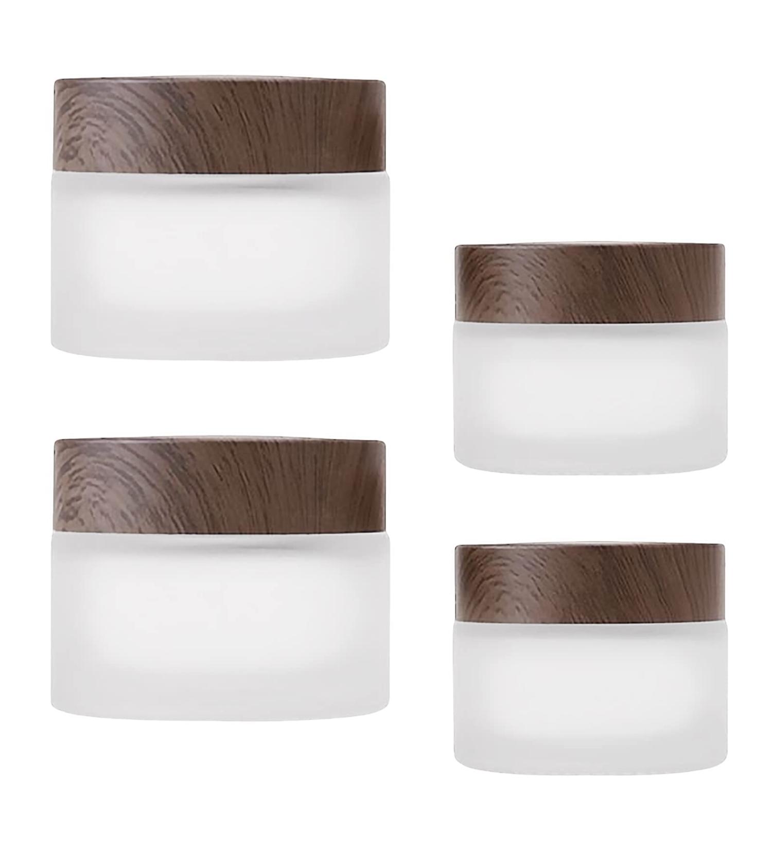 Tuakimce Set of 4 White Matted Glass Cream Cans - 20ml & 30ml Clear Fillable Containers with Lid for Cosmetics & Lottery Brown Wooden Grain Cover - Buy Online on SooperMarket.com
