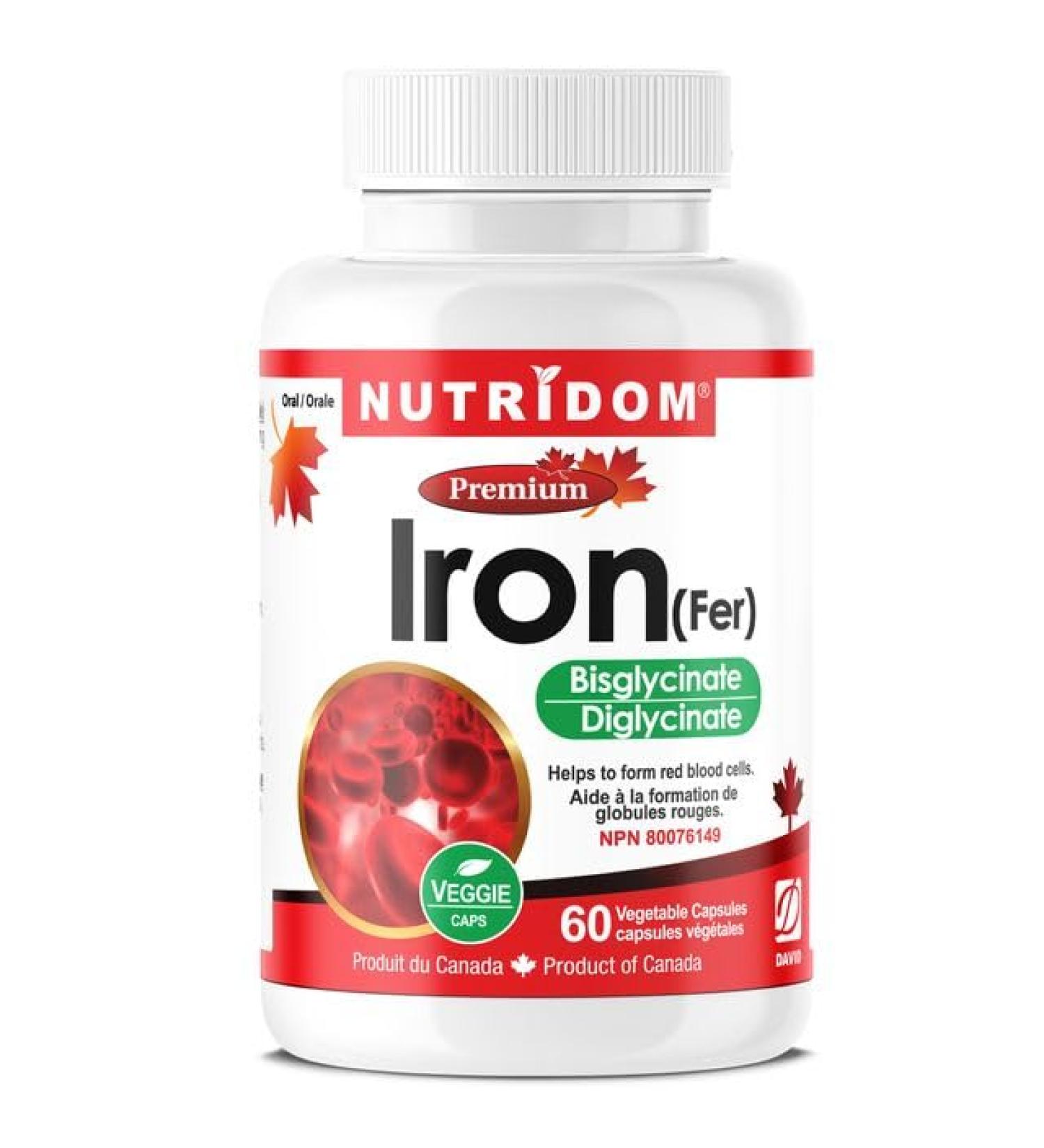 Nutridom Iron Bisglycinate 27 mg Iron Supplement for Women & Men | Non-GMO Vegan Free of Gluten Soy Dairy Made in Canada (60 Vegetable Capsules) - Buy Online on SooperMarket.com