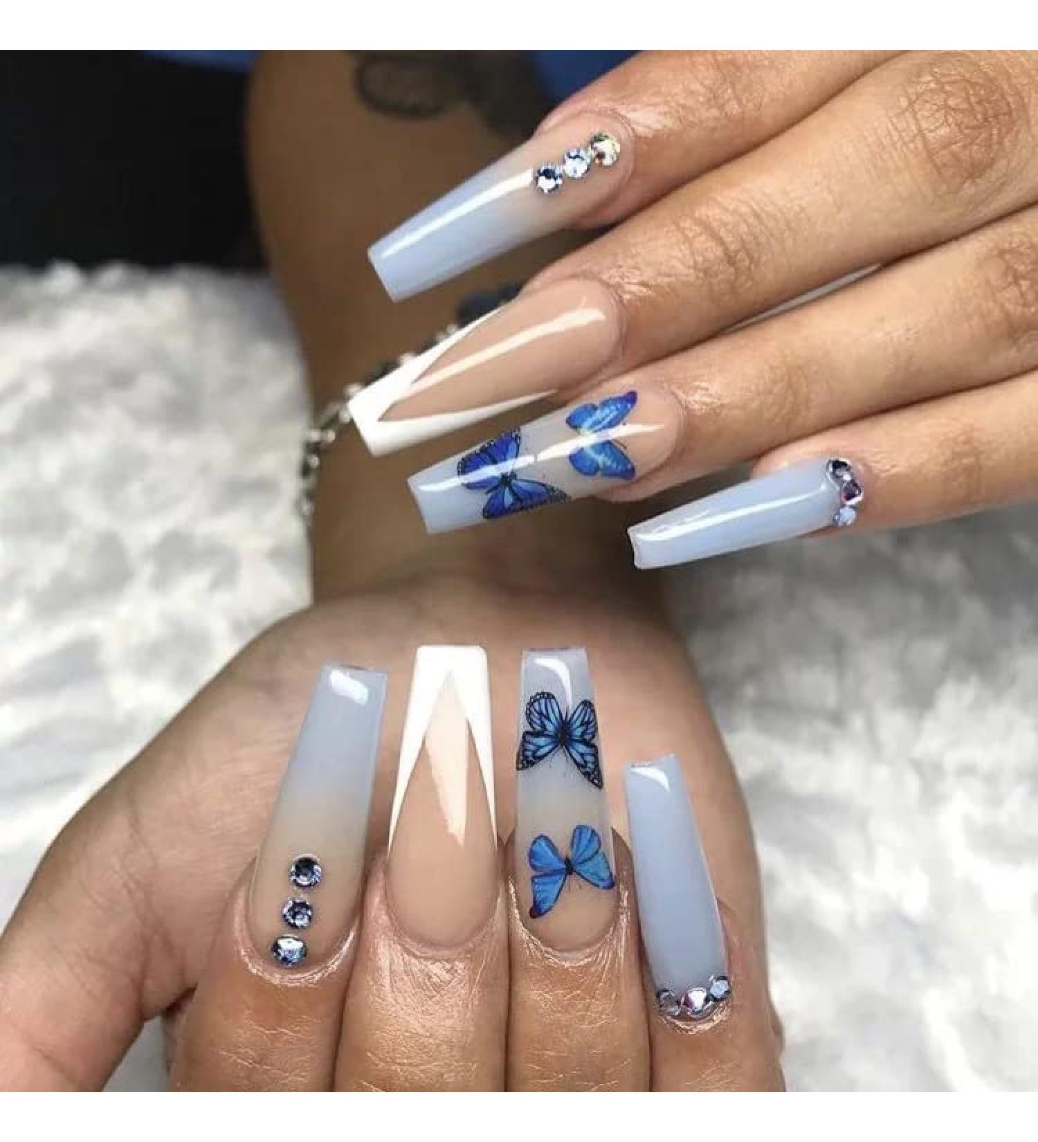 Brishow Butterfly Coffin False Nails - 24pcs French Long Acrylic Stick on Nails, Blue Assortment for Women and Girls - Buy Online on SooperMarket.com