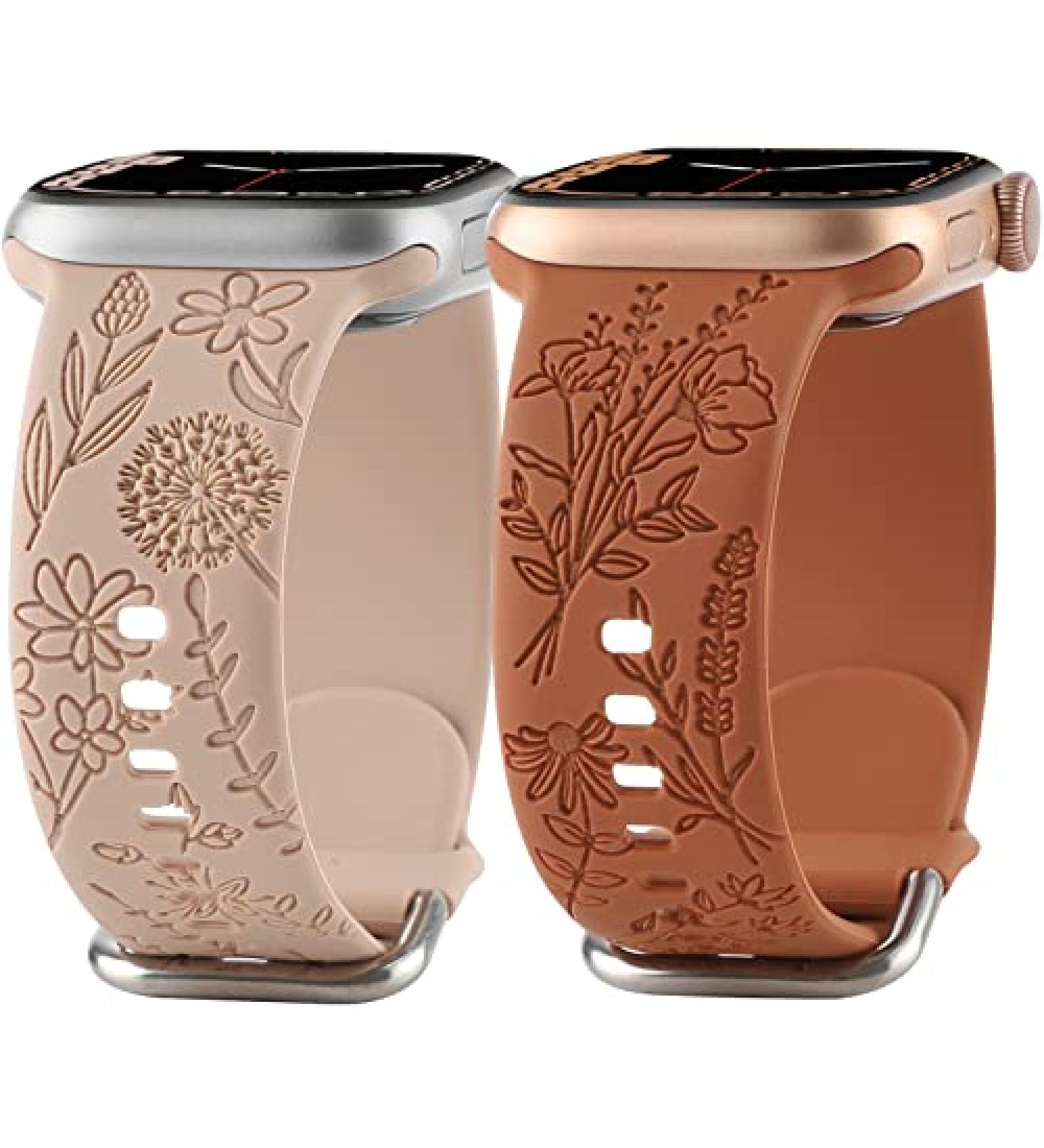 Flower Engraved Silicone Band Compatible with Apple Watch Bands 38mm 40mm 41mm  Cute Women Wildflowers Floral Design Soft Sport Strap Replacement Wristbands for iWatch Series 8 7/SE/6/5/4/3/2/1 38/40/41mm Walnut Brown Brown - Buy Online on SooperMarket.com