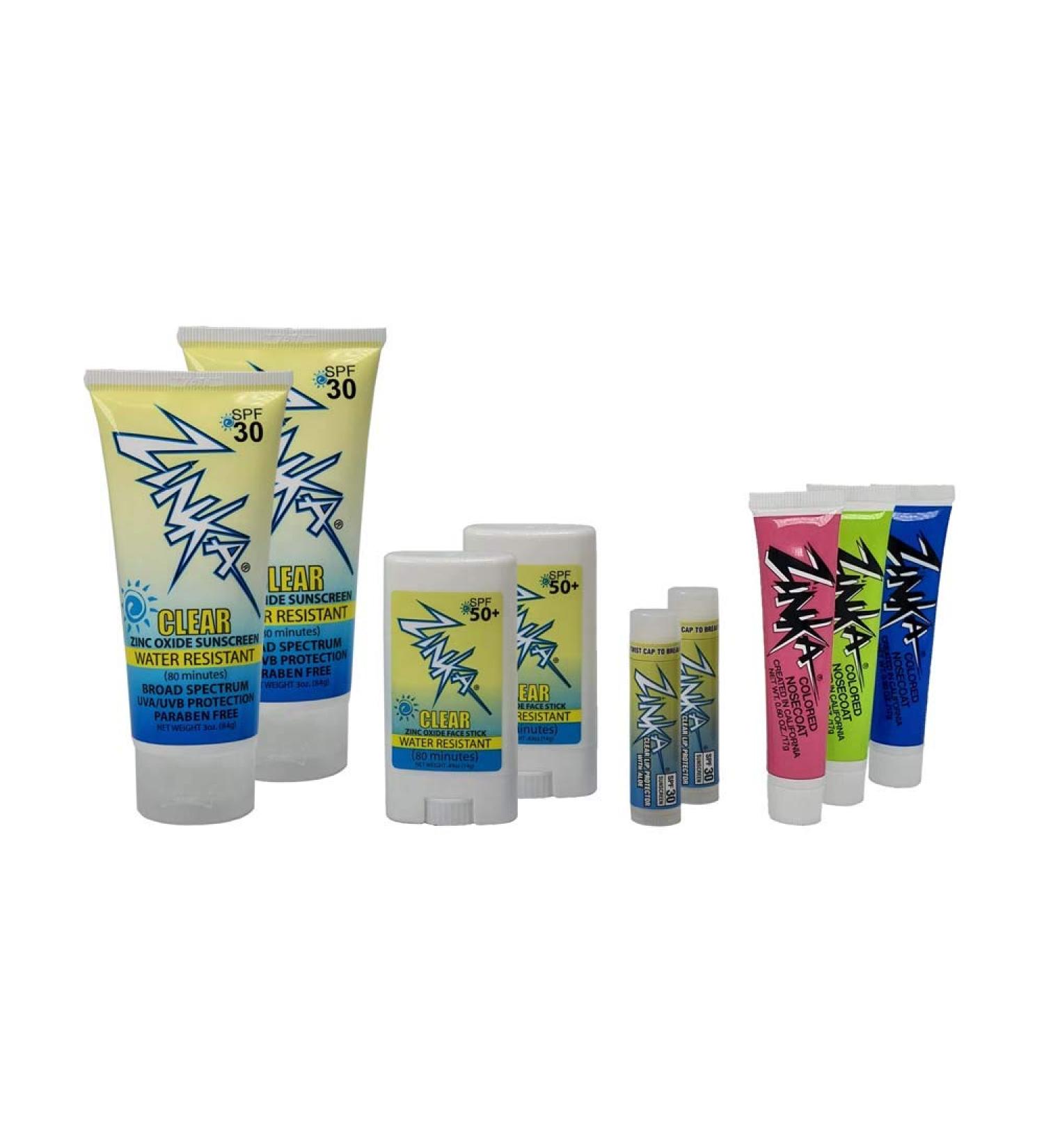 Zinka Sunny Days Family Pack - SPF 30/50 Sunscreen for Face Body & Lips | UVA/UVB Protection | Water Resistant & Paraben-Free | Includes Nosecoats Lotions Face Sticks & Lip Balms - Buy Online on SooperMarket.com