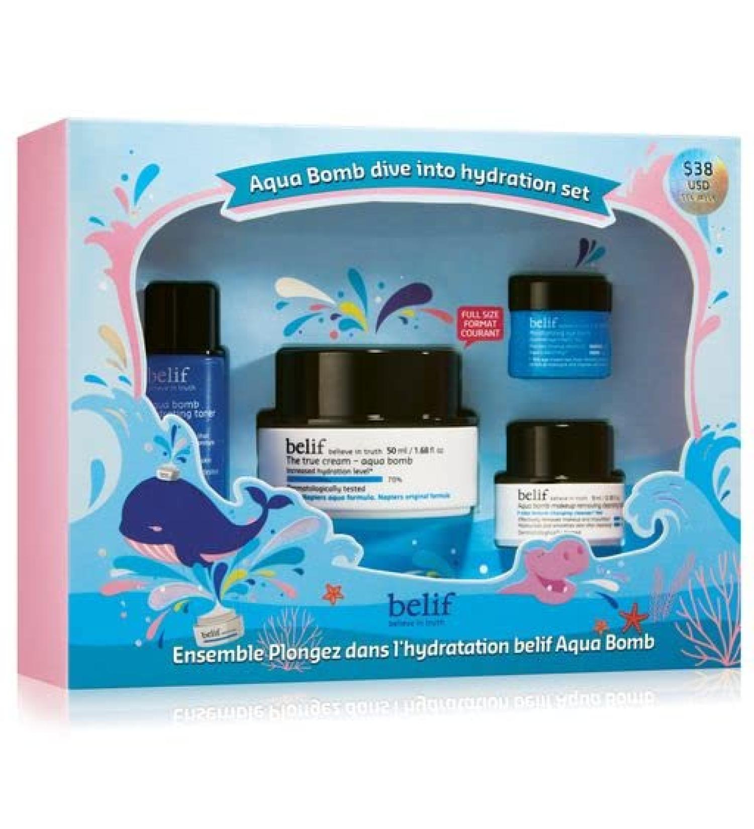 belif Aqua Bomb Hydration Set | 26-Hour Moisture | Soothing Antioxidant Skincare with Cleansing Balm, Hydrating Toner, and Eye Cream - Buy Online on SooperMarket.com