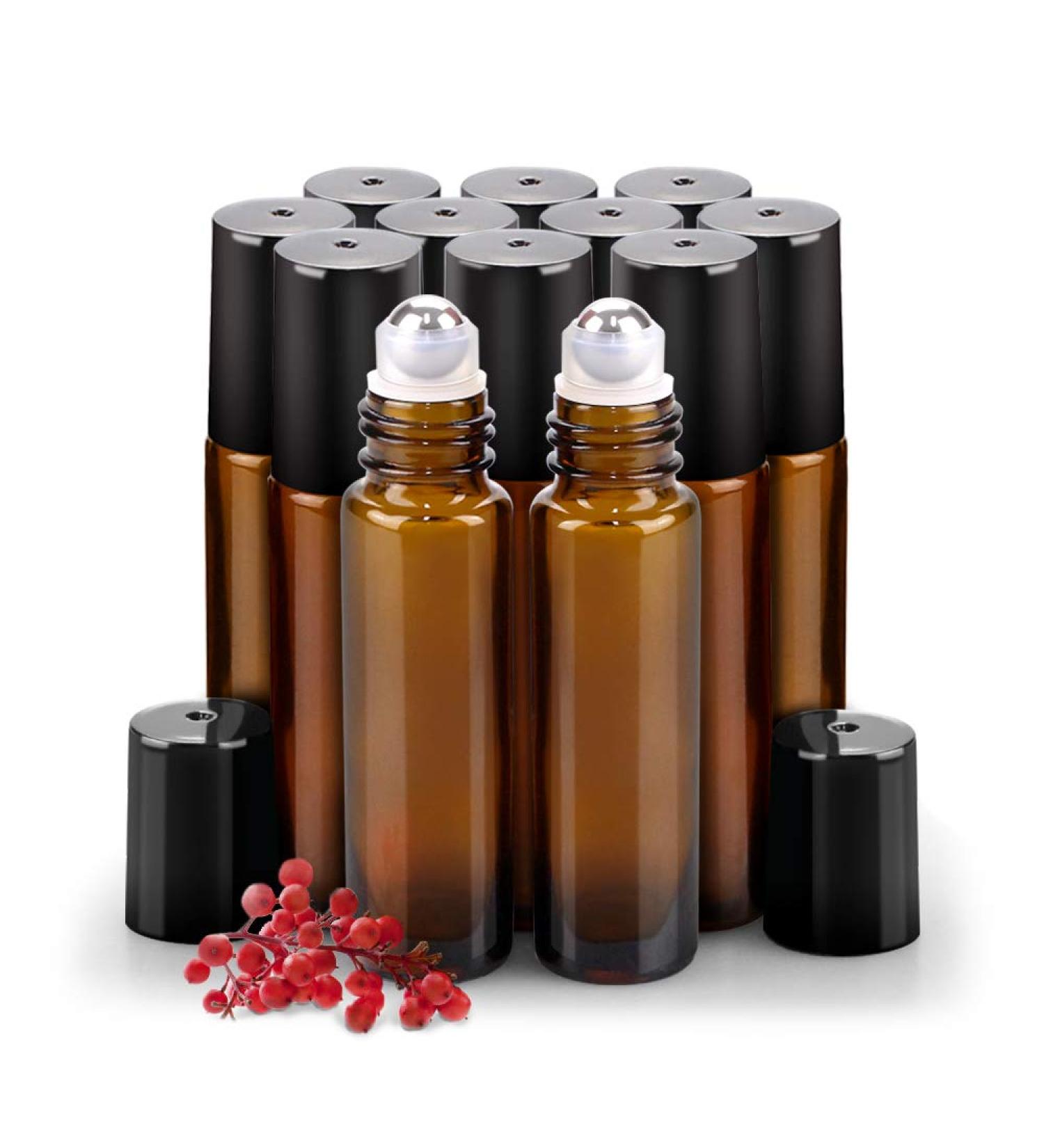 Sungwoo 12 Pack Essential Oil Roller Bottles 10ml - Amber Glass Roller Bottles with Stainless Steel Roller Balls and Caps for Travel Perfume and Lip Gloss - Buy Online on SooperMarket.com