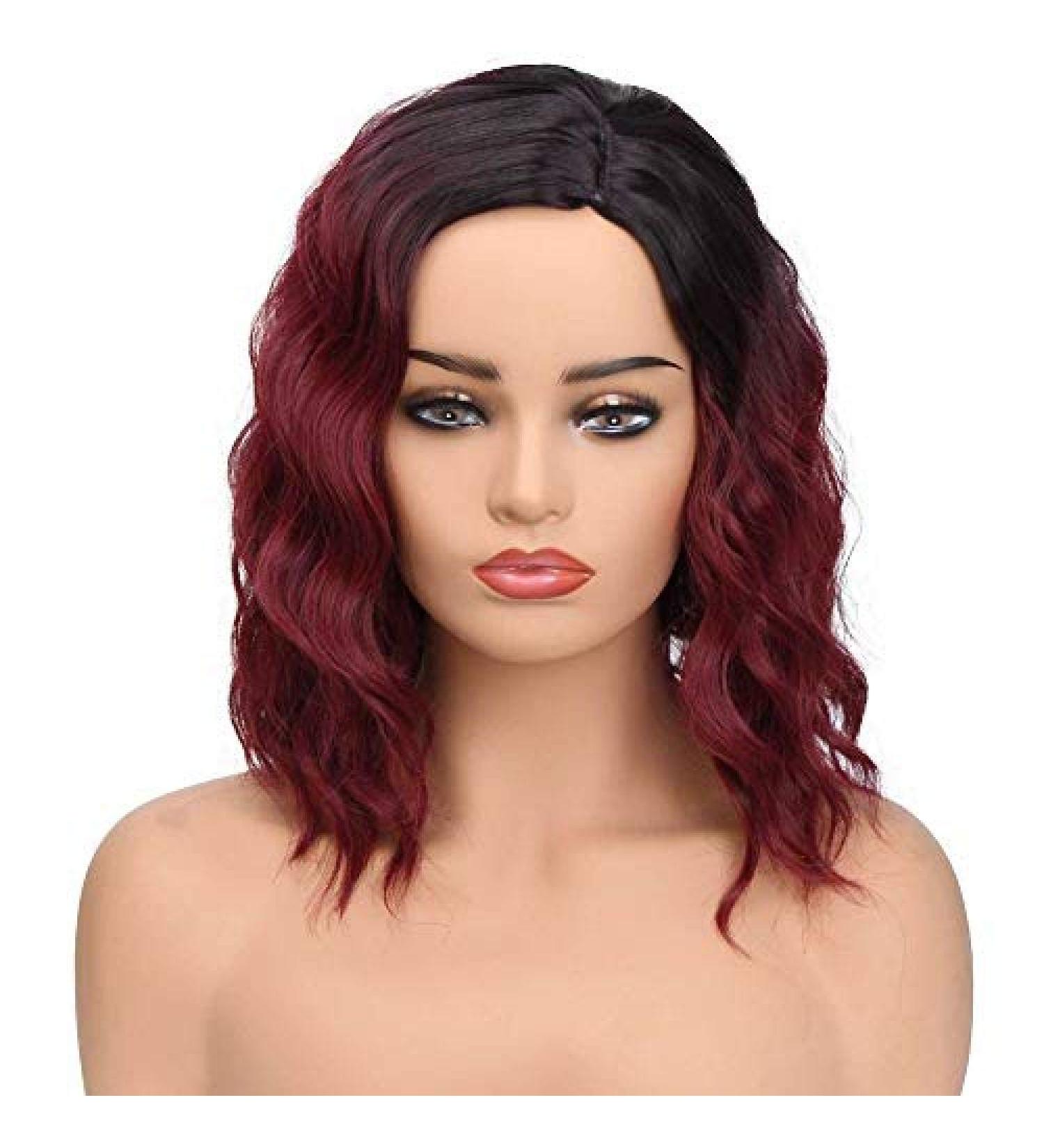 BGHJUE Wig Short Bob Water Wave Synthetic Natural Hair Red Ombre Wigs 16InchesWinered