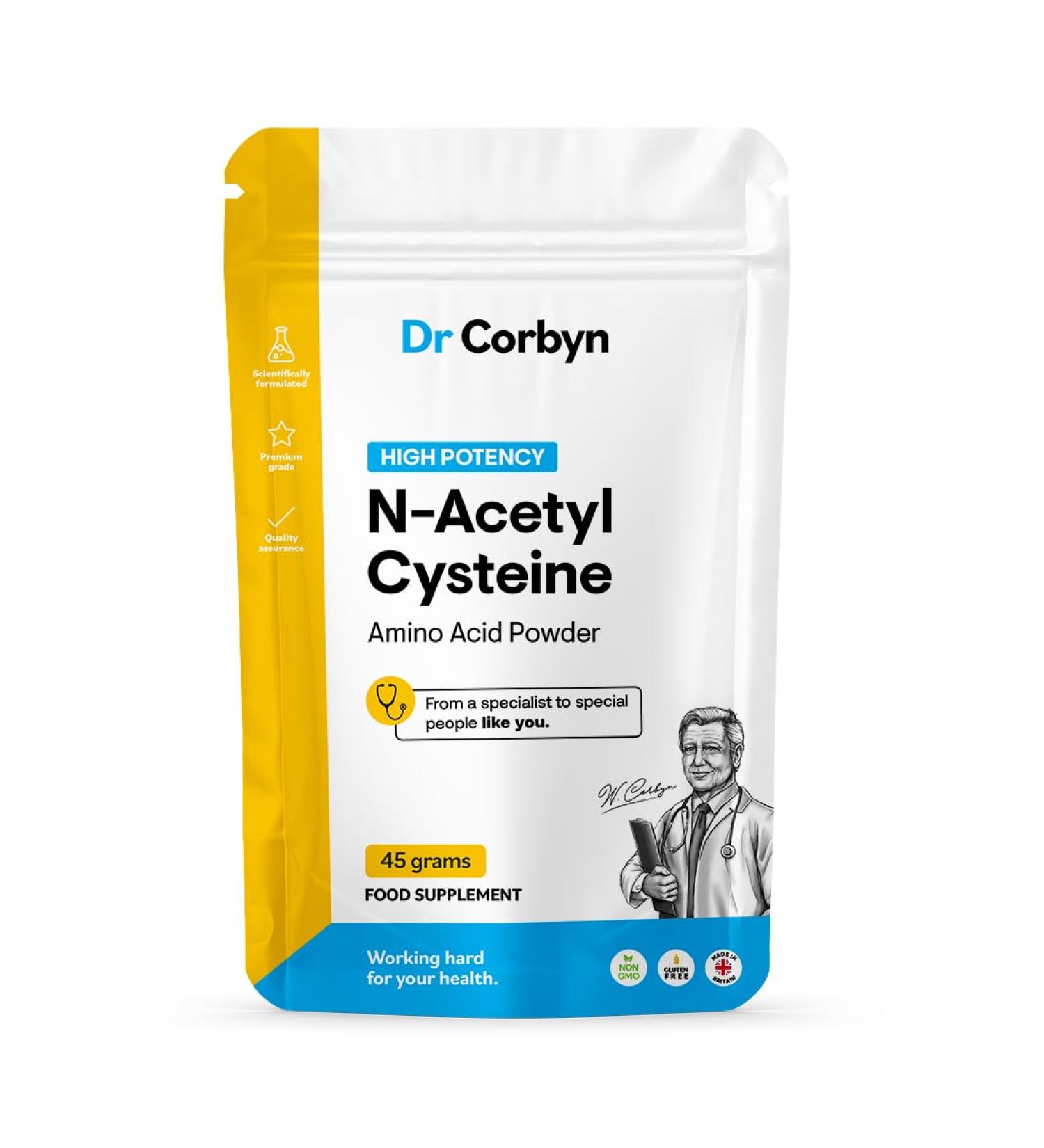 Dr Corbyn NAC N-Acetyl-Cysteine 600mg Powder - 45g | High Strength NAC Amino Acid for Maximum Bioavailability | UK Made - Buy Online on SooperMarket.com