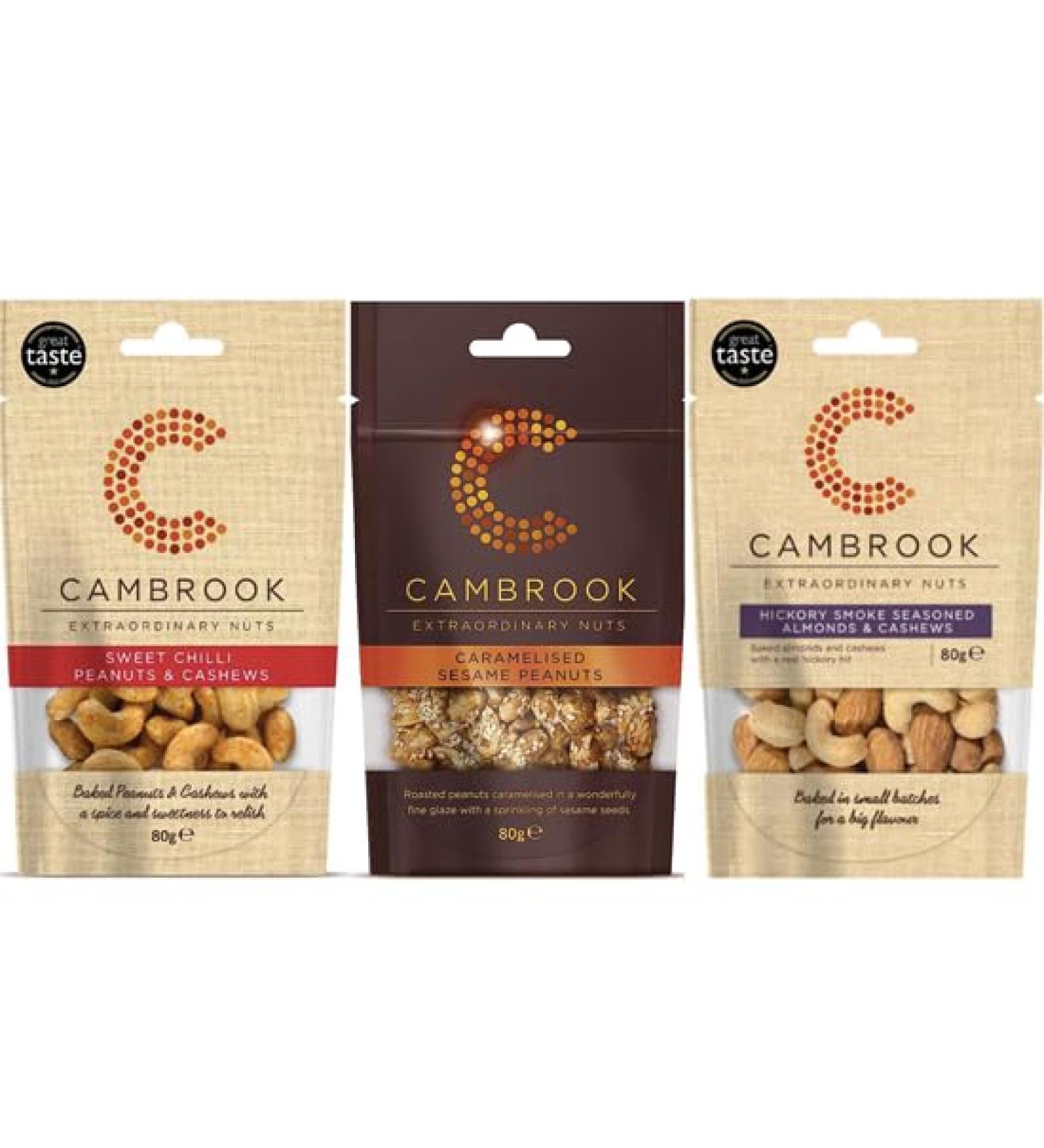 Cambrook | Hickory Smoke Seasoned Almonds & Cashews 80g | Sweet Chilli Peanuts & Cashews 80g | Caramelised Peanuts With Sesame Seeds 80g - Buy Online on SooperMarket.com