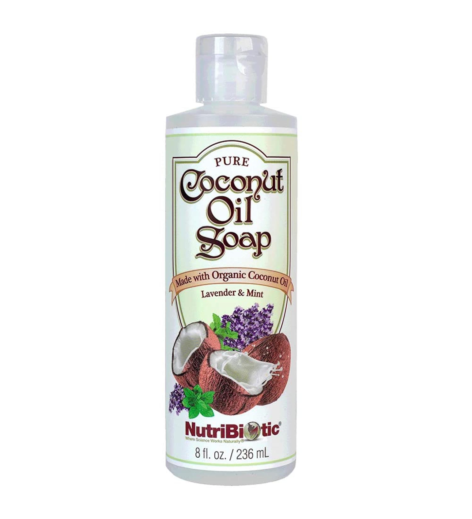 NutriBiotic Pure Coconut Oil Soap Lavender & Mint 8 Oz | Certified Organic Unrefined Biodegradable | Vegan & Made without GMOs Gluten Parabens Or Sulfates | Fluid Liquidy Soap