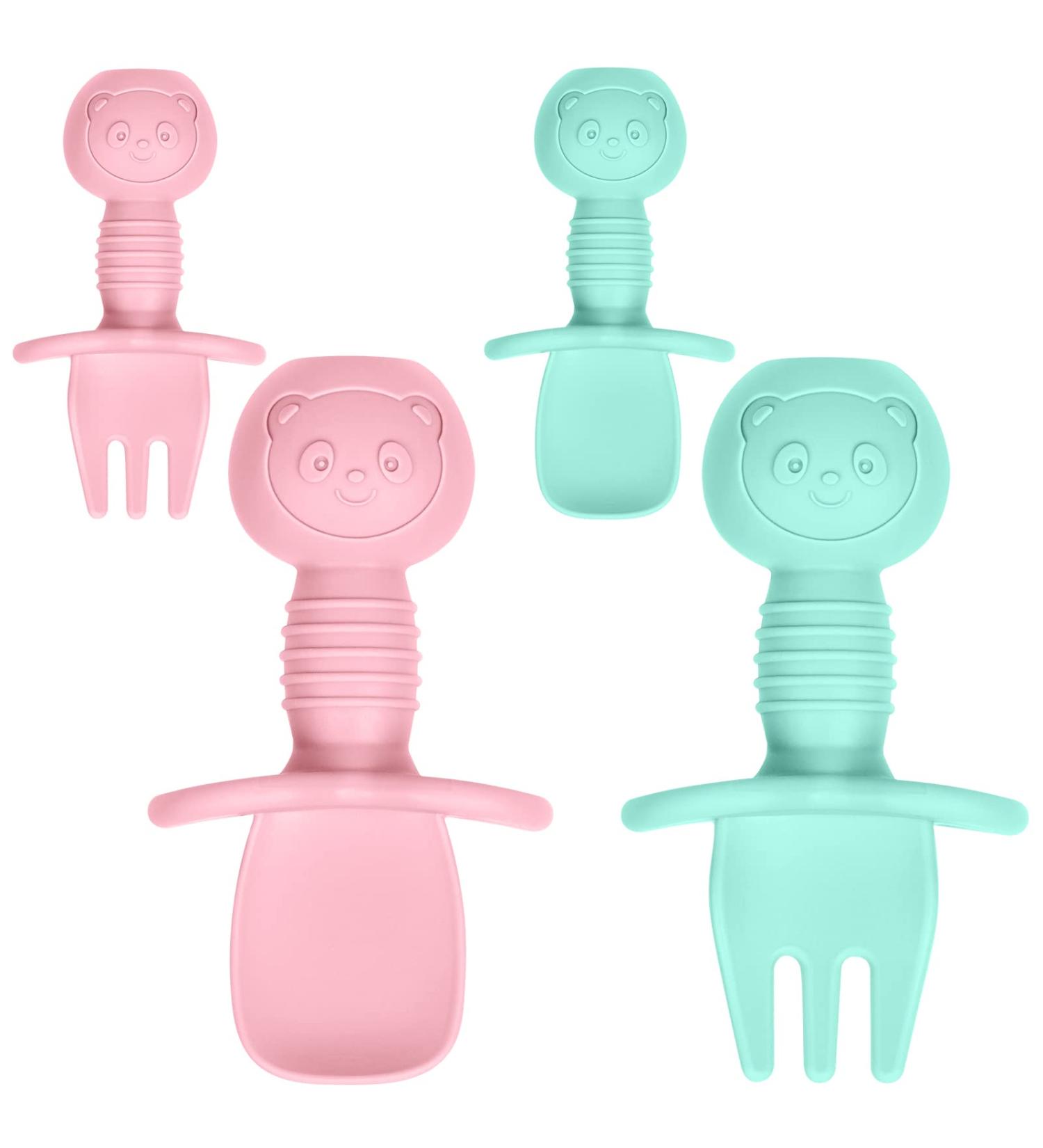 Vicloon Baby Fork and Spoon Set - Silicone Self Feeding Utensil for Infant, Easy Grip Toddler Cutlery Kit - Baby Weaning Spoon for Children - First Led Training - Light Blue-Pink (4pcs) - Buy Online on SooperMarket.com