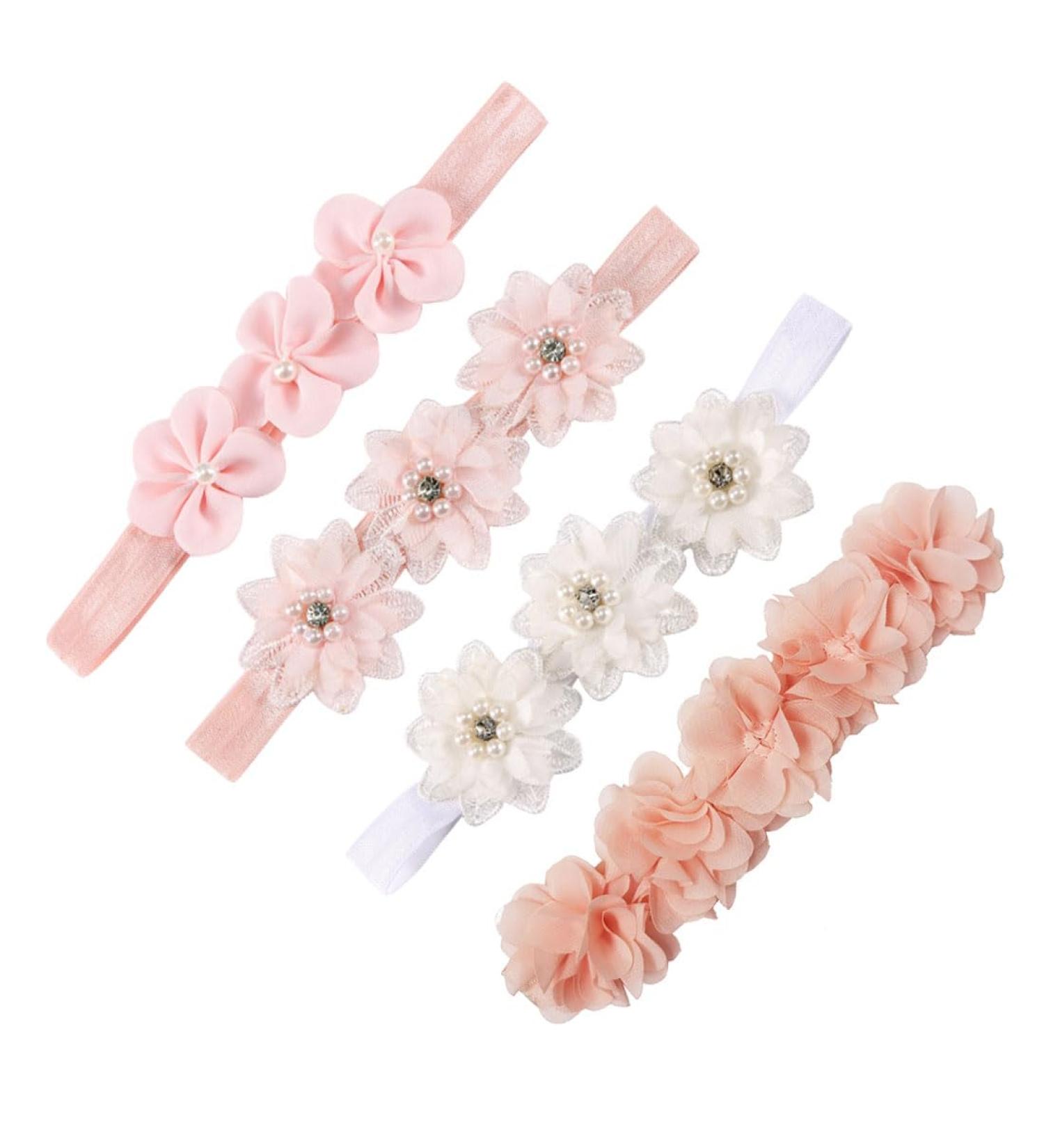 Leeq Baby Girls Bangs - 4Pcs Pearl Flowers Headband for Newborn & Toddlers | Cute Elastic Hair Accessories Gift for Photography (Pink/White) - Buy Online on SooperMarket.com