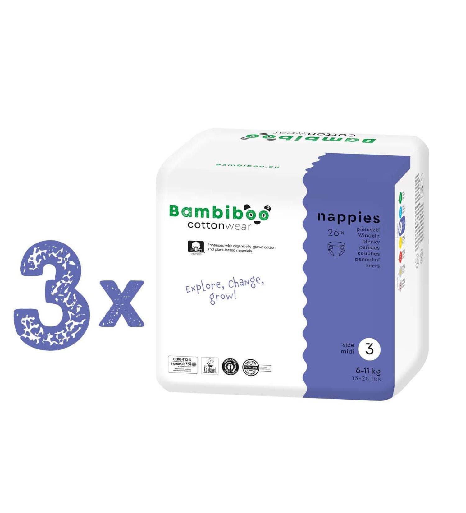 Buy Bambibo Baby Diapers Size 3 (6-11 kg) - Organic Cotton Moisture Indicator 78 Disposable Diapers - Eco-Friendly Shipping Worldwide - Buy Online on SooperMarket.com