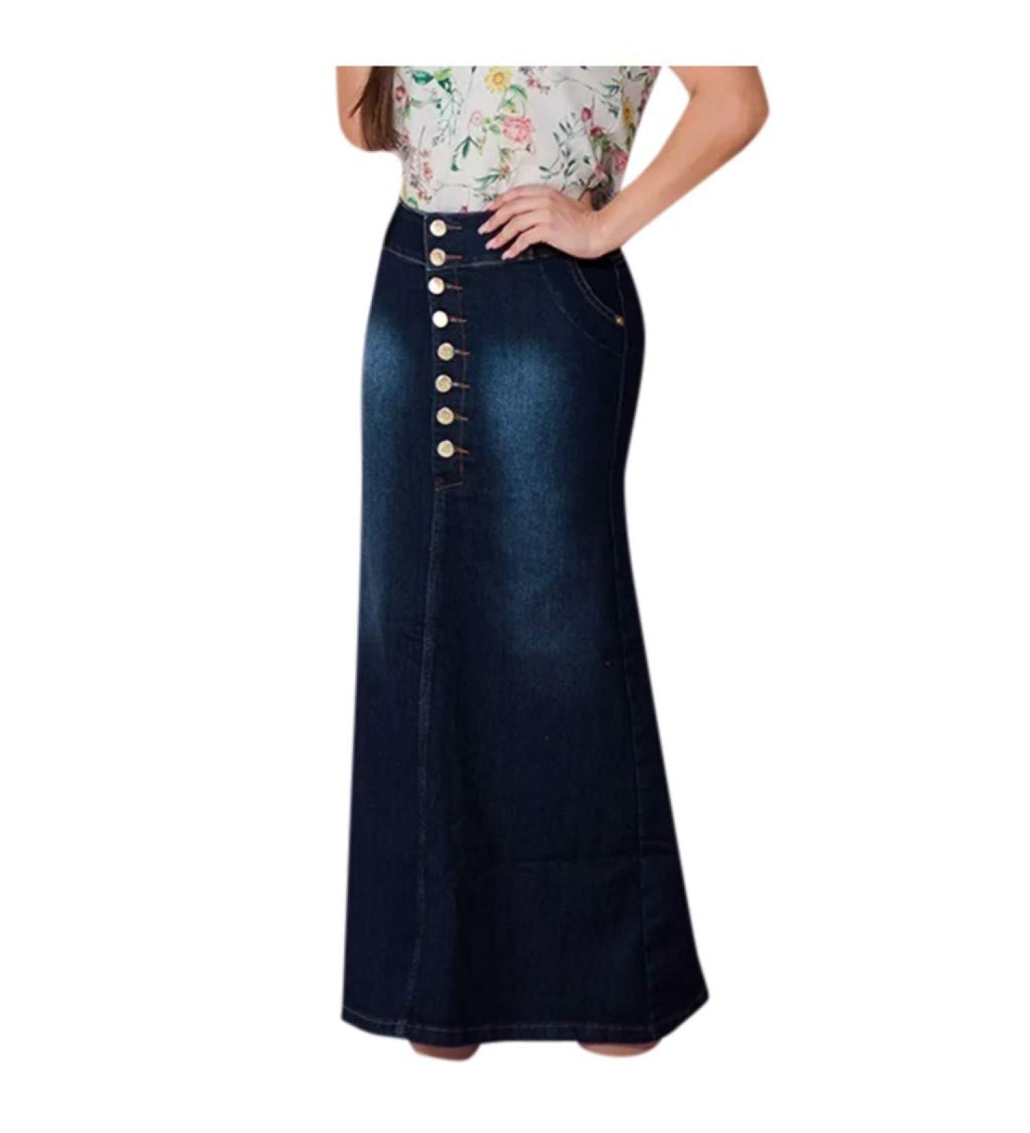 Sanahy Women's Casual High Waist Denim A-Line Skirt | Knee-Length Fishtail Jean Skirt - XL Dark Blue - Buy Online on SooperMarket.com