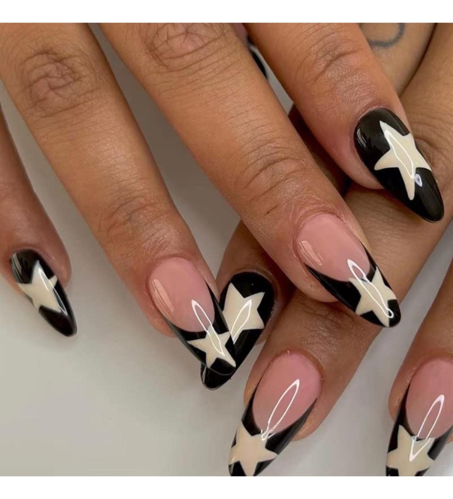 Black French Tip Almond Press on Nails - 24Pcs Medium Length Glossy False Nails with White Star Design for Women and Girls - Buy Online on SooperMarket.com