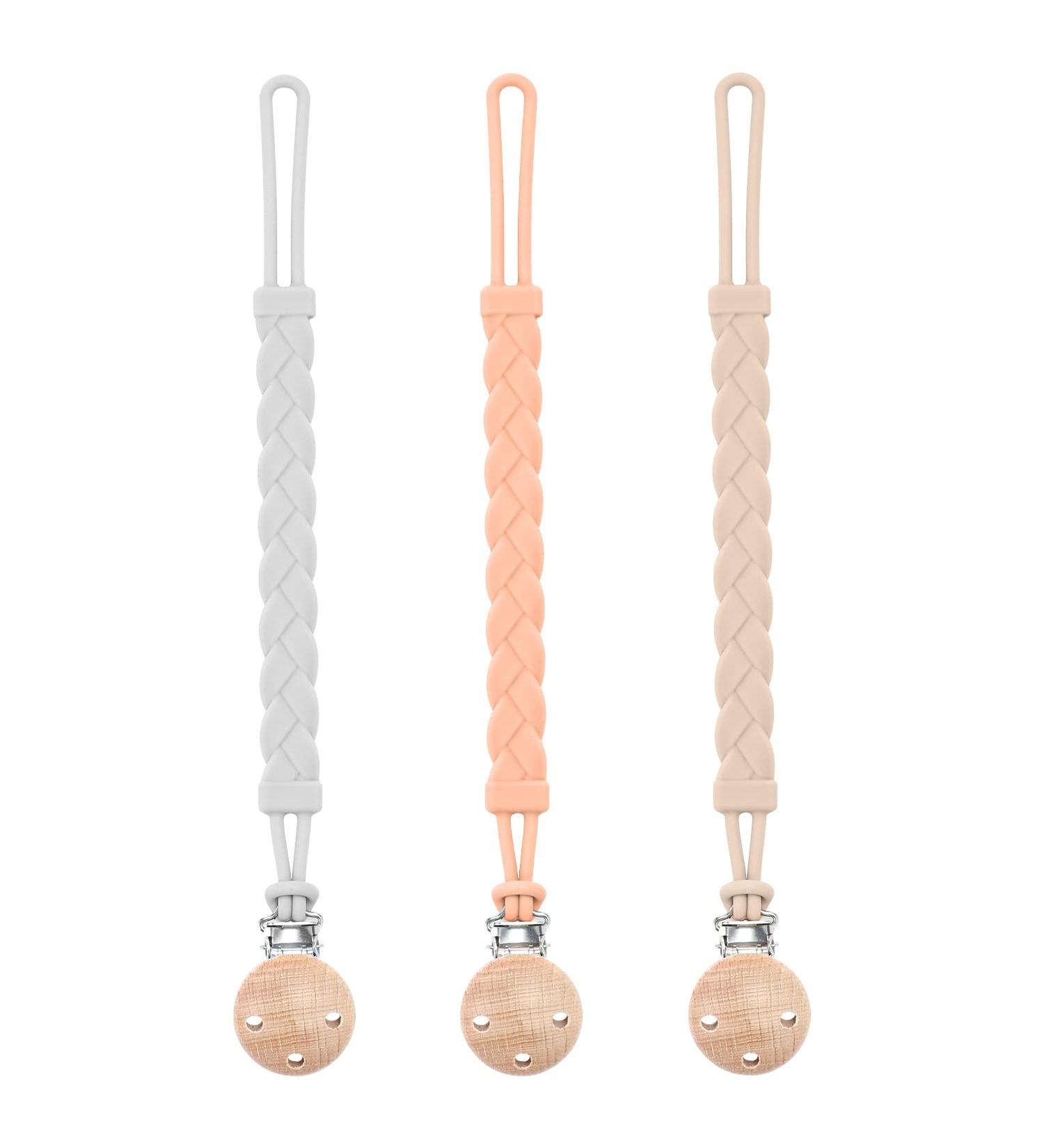 Pacifier Clip for Boys and Girls Binky Holder Pacifier Holder Soother Clip Food Grade Silicone Fits All Pacifiers - One-Piece Wooden Clips Design Pacifier Clip 3 Pack apricot light grey sand - Buy Online on SooperMarket.com