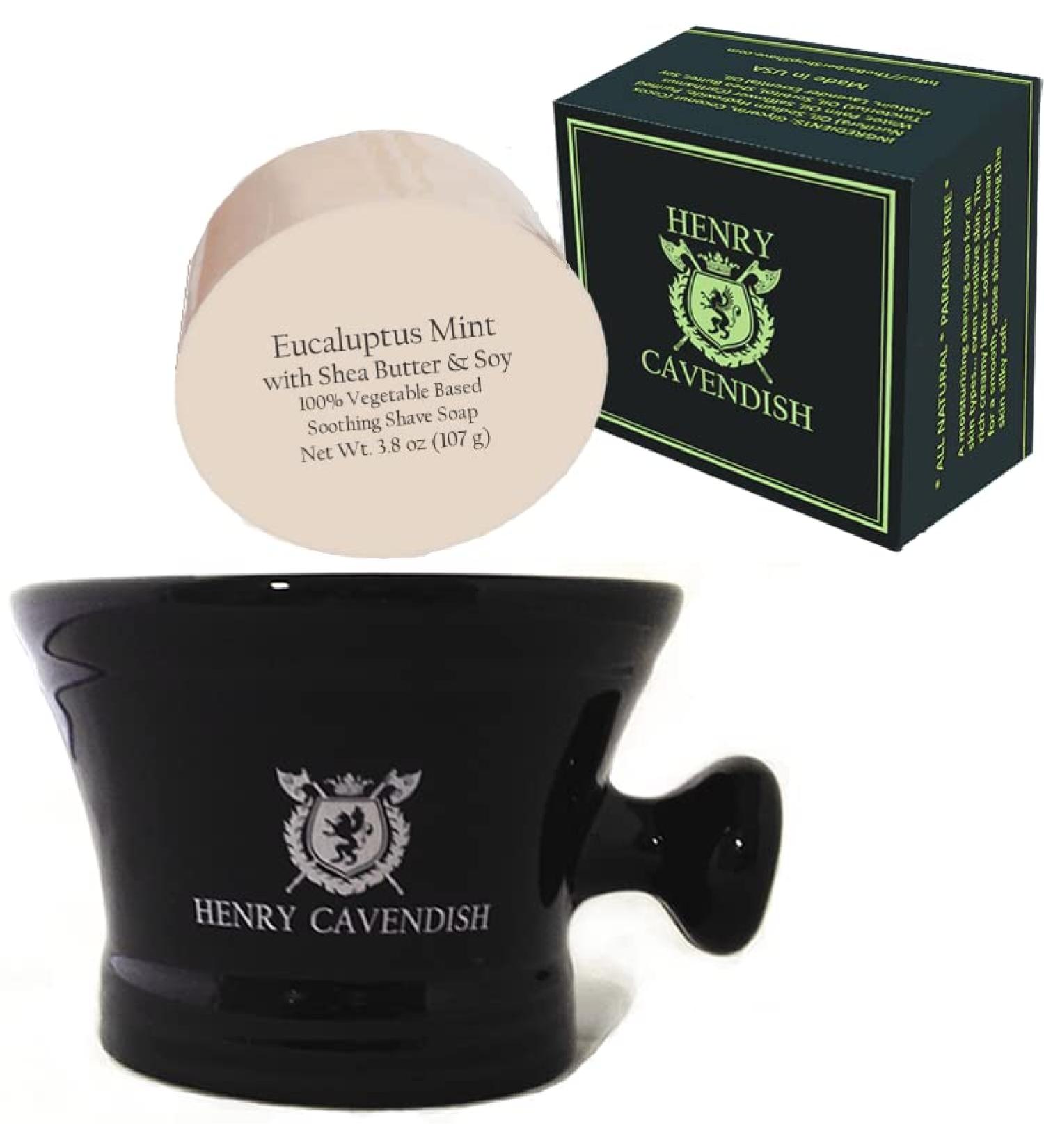 Henry Cavendish Eucalyptus Mint Shaving Kit with - Shaving Soap with Shea Butter & Coconut Oil. Long Lasting 3.8 oz Puck Refill plus Gentleman's Ceramic Shaving Soap Bowl with Handle.