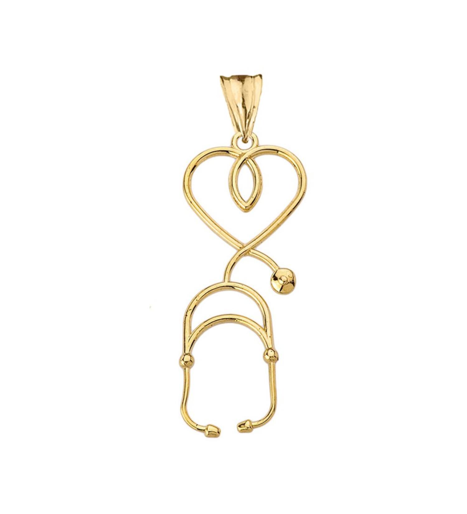 Fine 14k Yellow Gold Heart-Shaped Stethoscope Pendant | Elegant Medical Jewelry for Nurses & Doctors - Buy Online on SooperMarket.com
