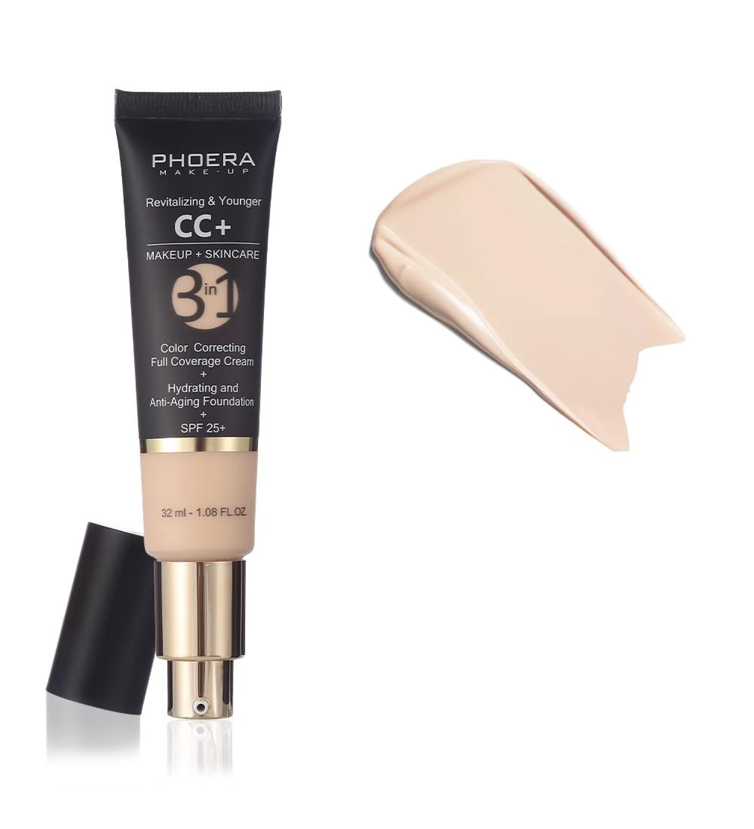 PHOERA Anti-Aging Color Correcting Full Coverage Cream Foundation SPF 25+ Revitalizing & Younger infused Concealer with Vitamins For dark circles acne scars wrinkles & redness. (100 Porcelain) 32 ml (Pack of 1) 100 Porcelain