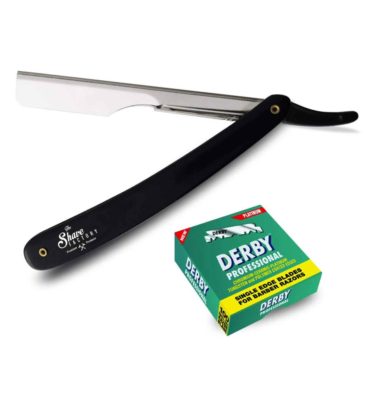 Shaving Factory Cut Throat Set - Straight Razor & 100 Derby Blades | Premium Black Shaving Kit for a Perfect Grooming Experience - Buy Online on SooperMarket.com