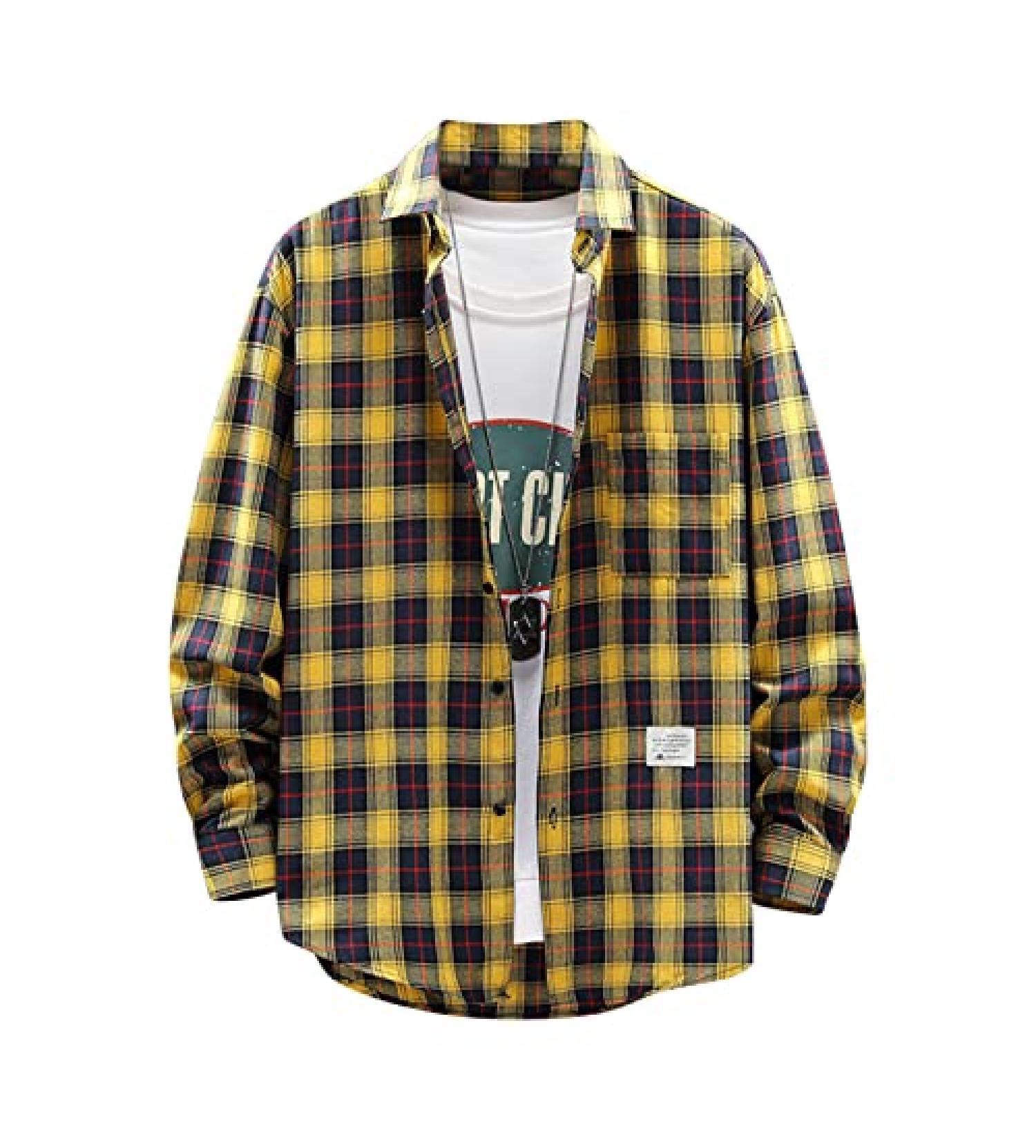 Maqroz Men's Flannel Shirt X-Large - Casual Button Down Plaid Shirt for Big & Tall - Yellow - Buy Online on SooperMarket.com