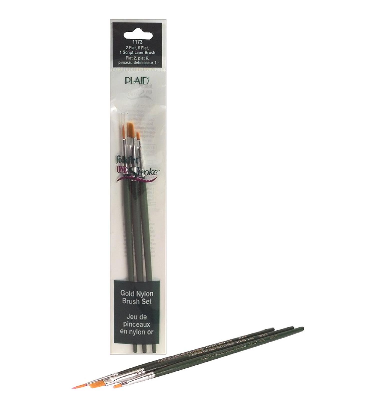 Plaid FolkArt One Stroke Liner Mini Brush Set, Flat, Size 1,2 and 6
