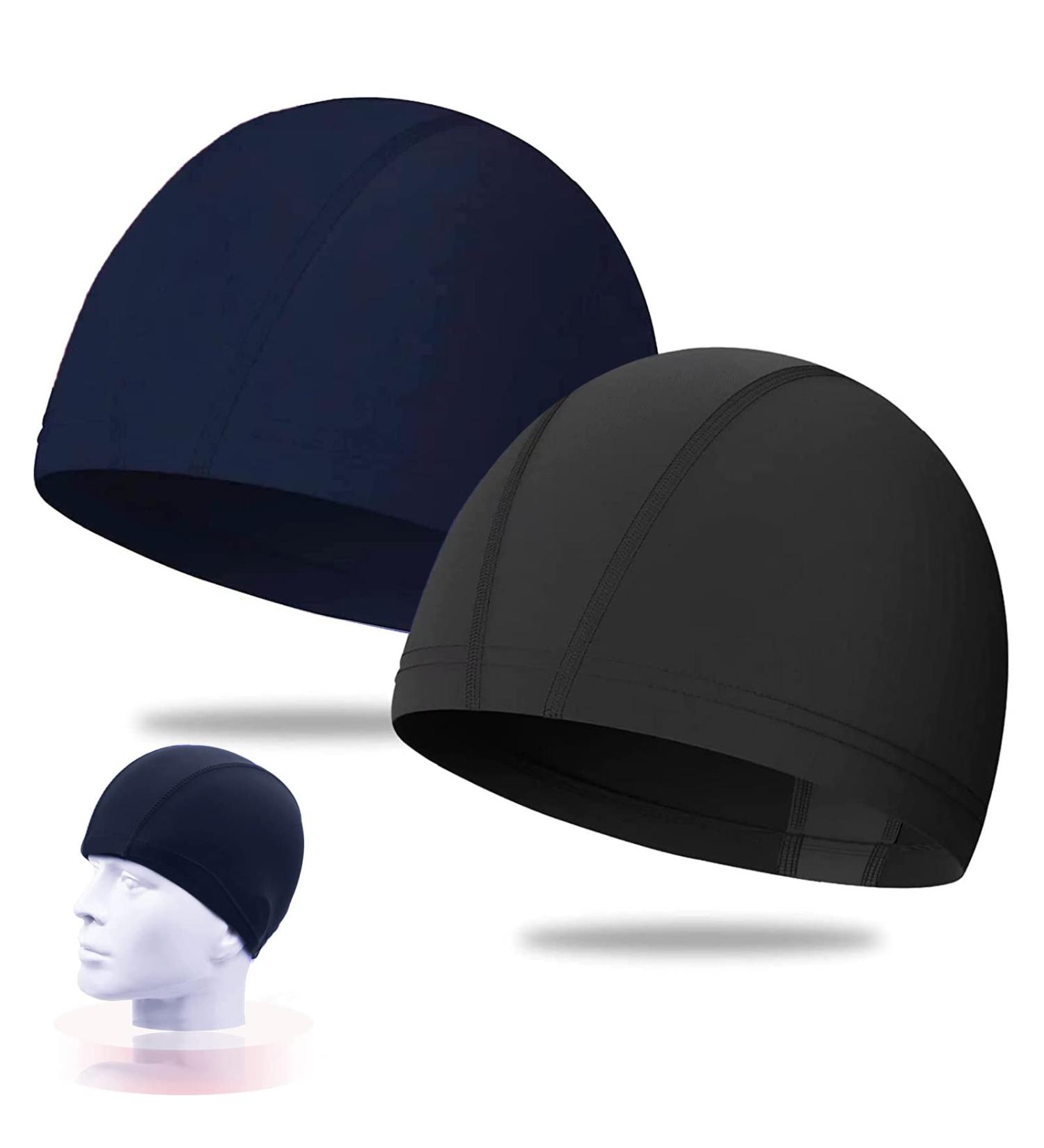 Buy 2-Pack Elastic Bath Caps for Adults | Comfortable Unisex Swimming Caps with Ear Protection - Dark Blue & Black - Buy Online on SooperMarket.com