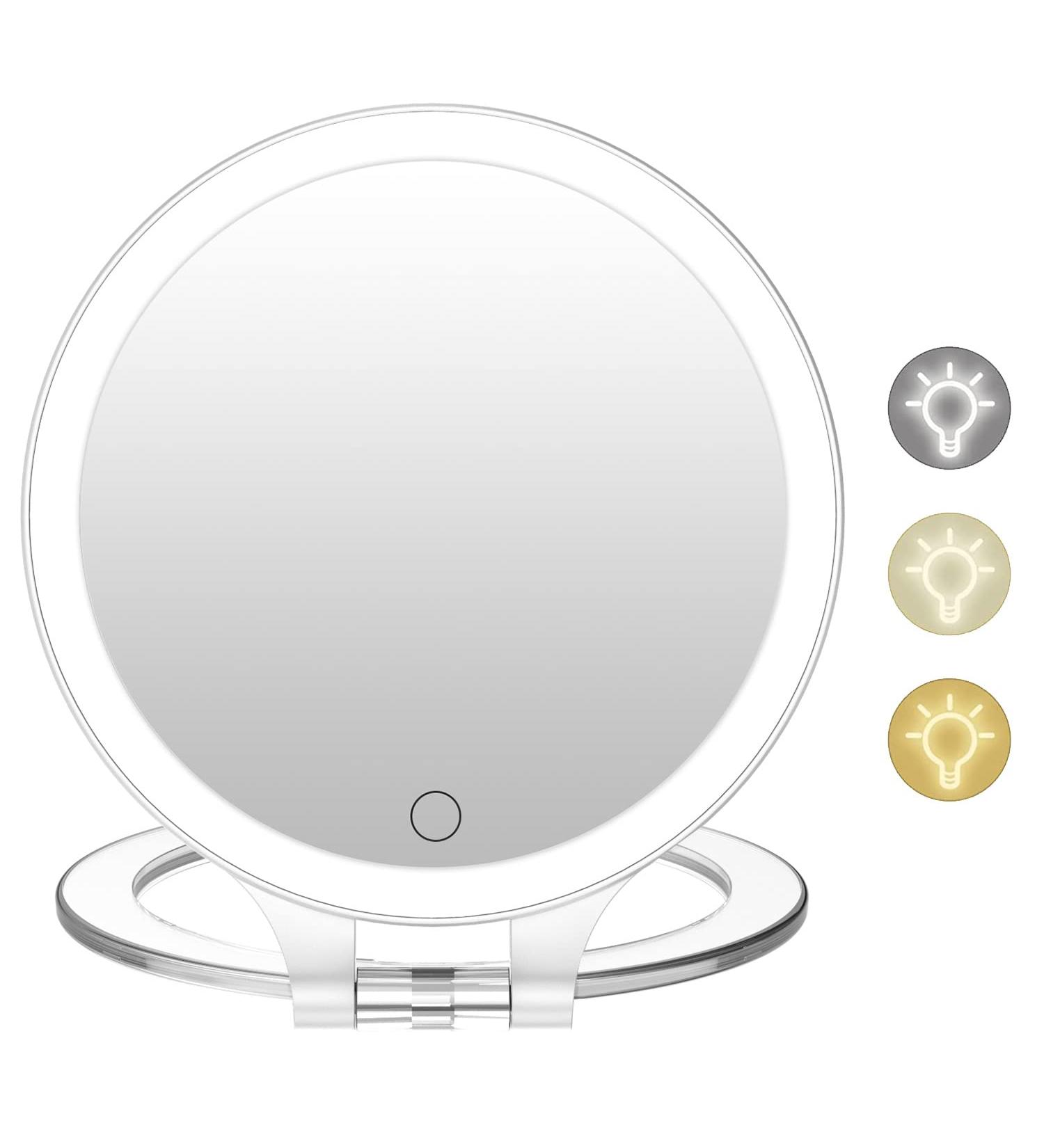 10X 1X Double Sided Magnifying Makeup Vanity Mirror | Rechargeable Lighted Mirror with 3 Color Settings | Adjustable Rotation LED Desk Mirror - White - Buy Online on SooperMarket.com