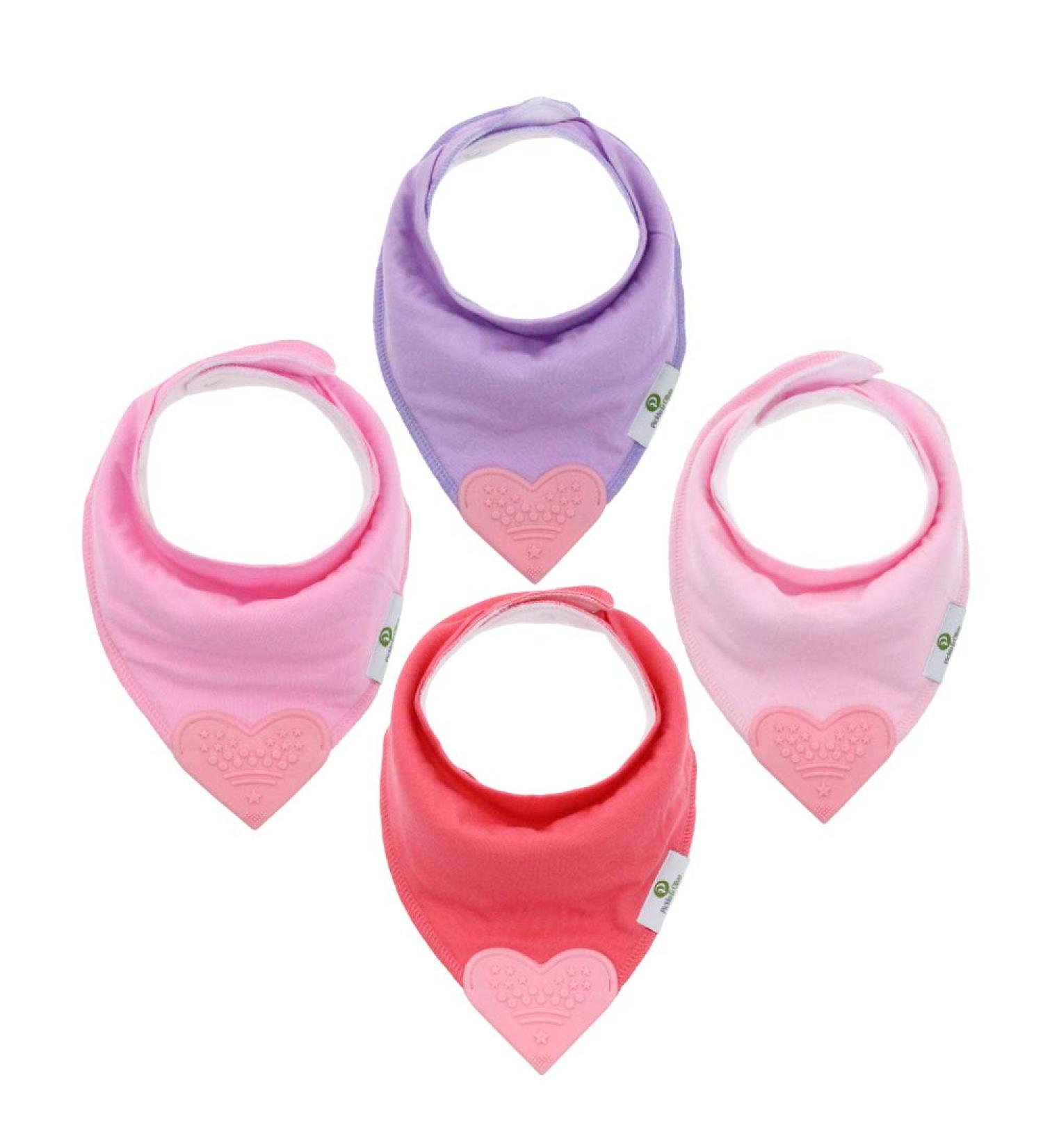 Set of 4 Baby Bandana Teething Bibs with Silicone Teether - Solid Pink Colors - Buy Online on SooperMarket.com