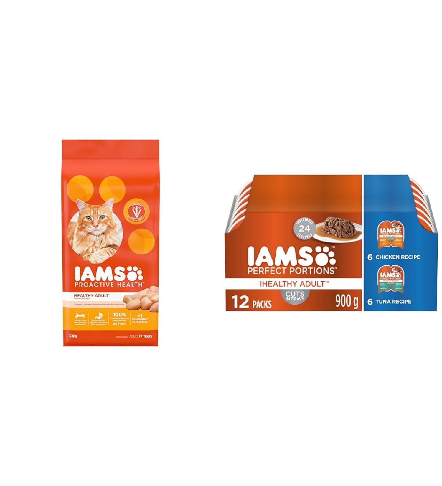 IAMS Proactive Health Healthy Adult Dry Cat Food with Chicken 3.18kg Bag & Perfect Portions Healthy Wet Cat Food Adult Grain Free Cuts in Gravy - Chicken and Tuna 12CT Multipack 75g Tray 3.18 kg (Pack of 1) Dry Cat Food + PET_FOOD 385854 - Buy Online on SooperMarket.com