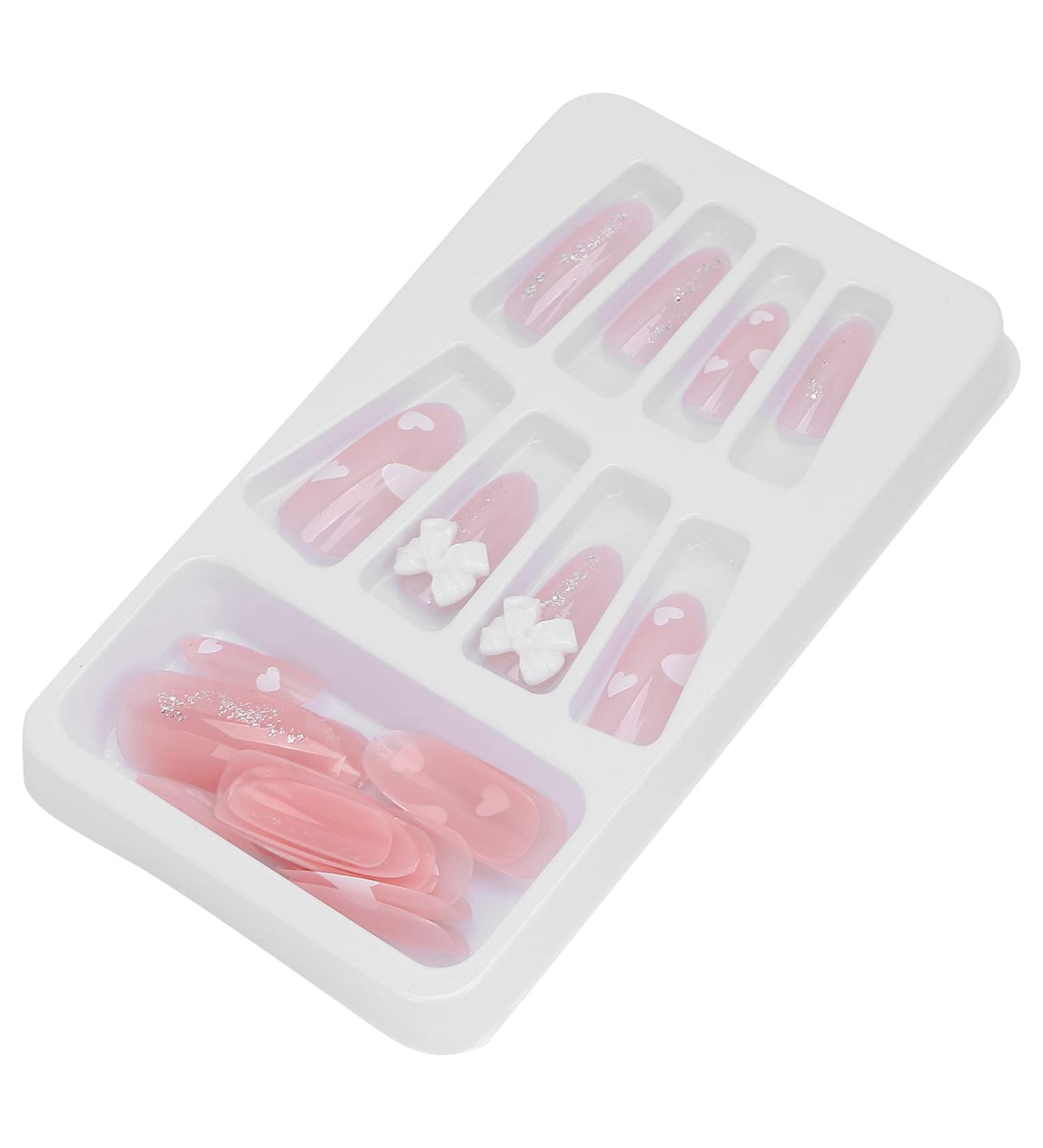 Full Cover False Nail Pink Bow Fake Nails Pink Love Press On Nails Coffin Medium Length Ballerina Nail Art Tips Sets Artificial Nails Press On False Nail Tips - Buy Online on SooperMarket.com