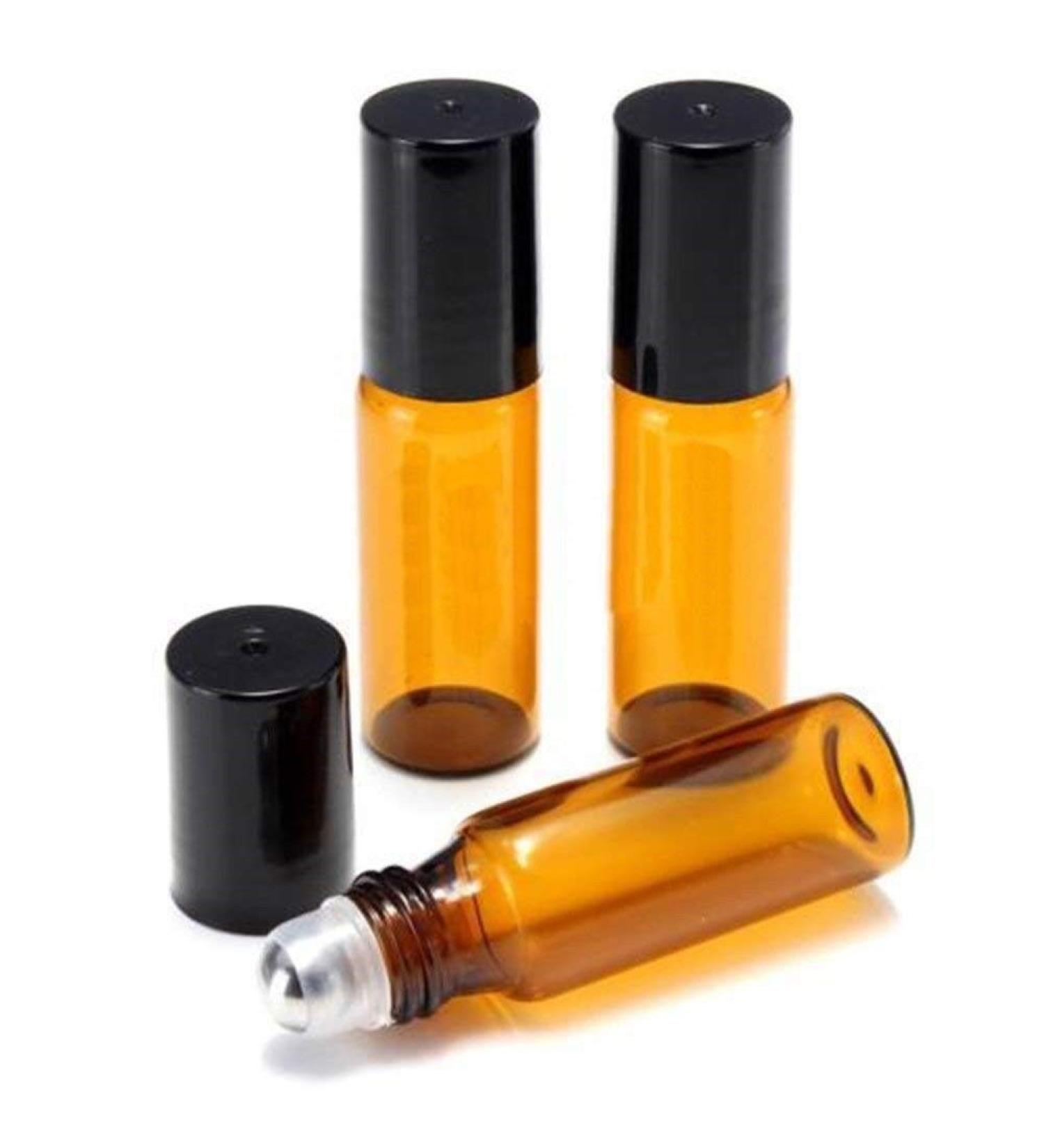 CMJ 2 x 5ml Amber Roll on Glass Bottles Oil Metal Roller Ball Empty BLACK Lid UK Seller