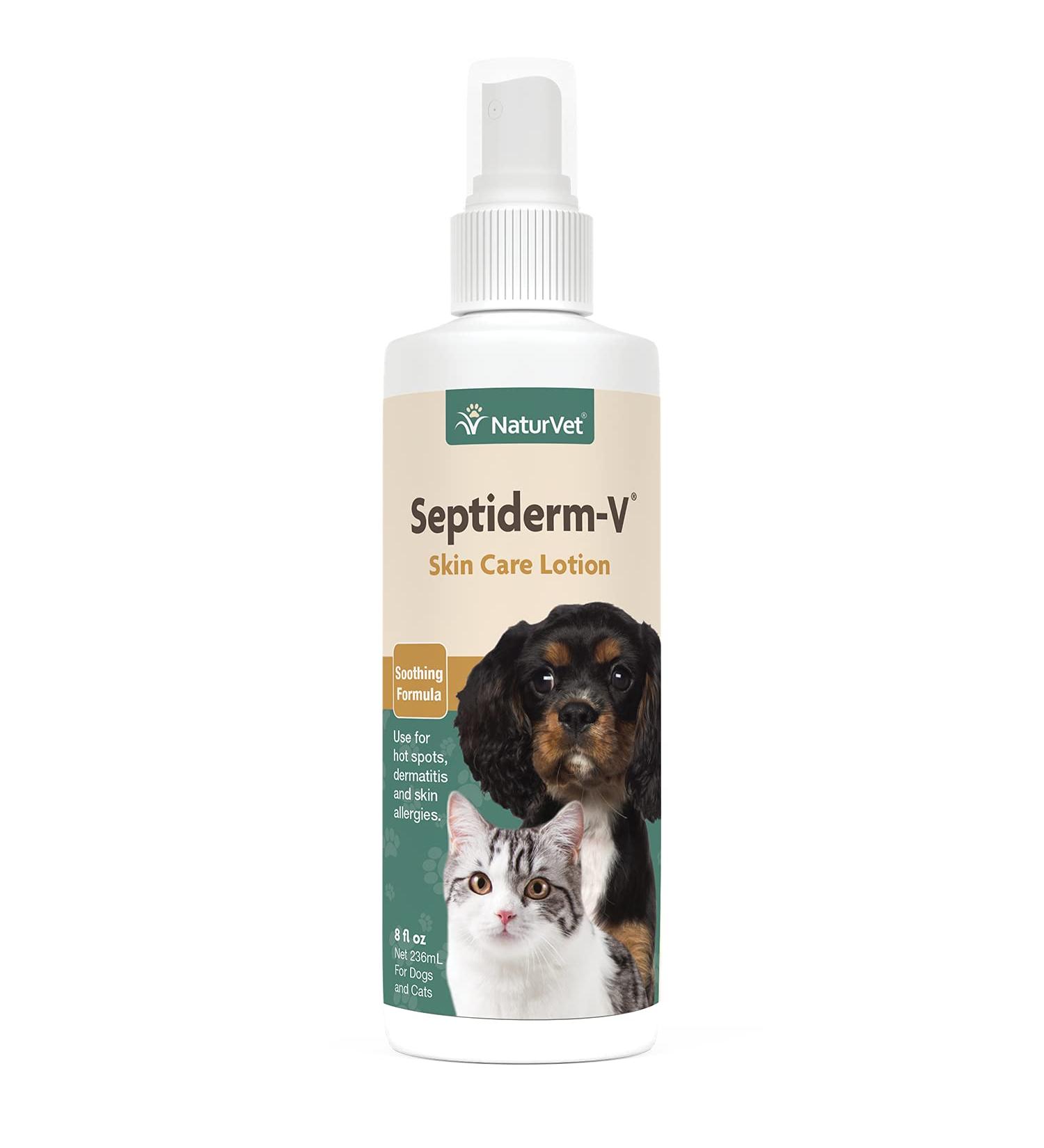 NaturVet Green Tree Septiderm-V Skin Care Lotion for Dogs & Cats  Pet Health Supplement for Dermatitis, Dog Skin Allergies, Itching, Hot Spots, Cat Rashes  Pet Lotion, Grooming Aid  8 Oz.